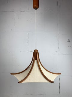 Teak and linen umbrella pendant hanging lamp by Domus, 1970s