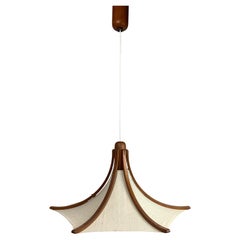 Teak and linen umbrella pendant hanging lamp by Domus, 1970s