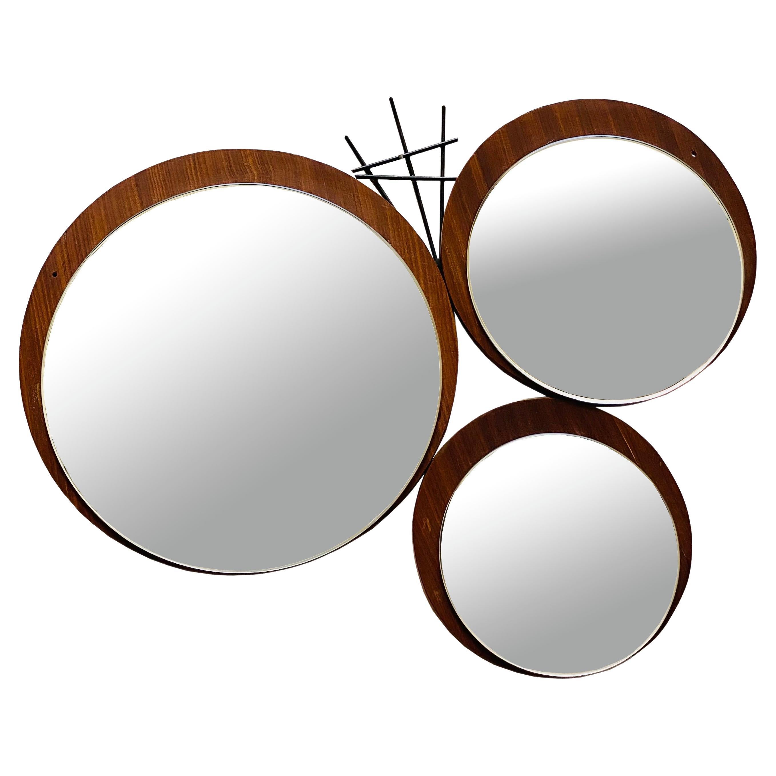 Teak and Metal Wall Mirror Composition, Italy 1960s For Sale