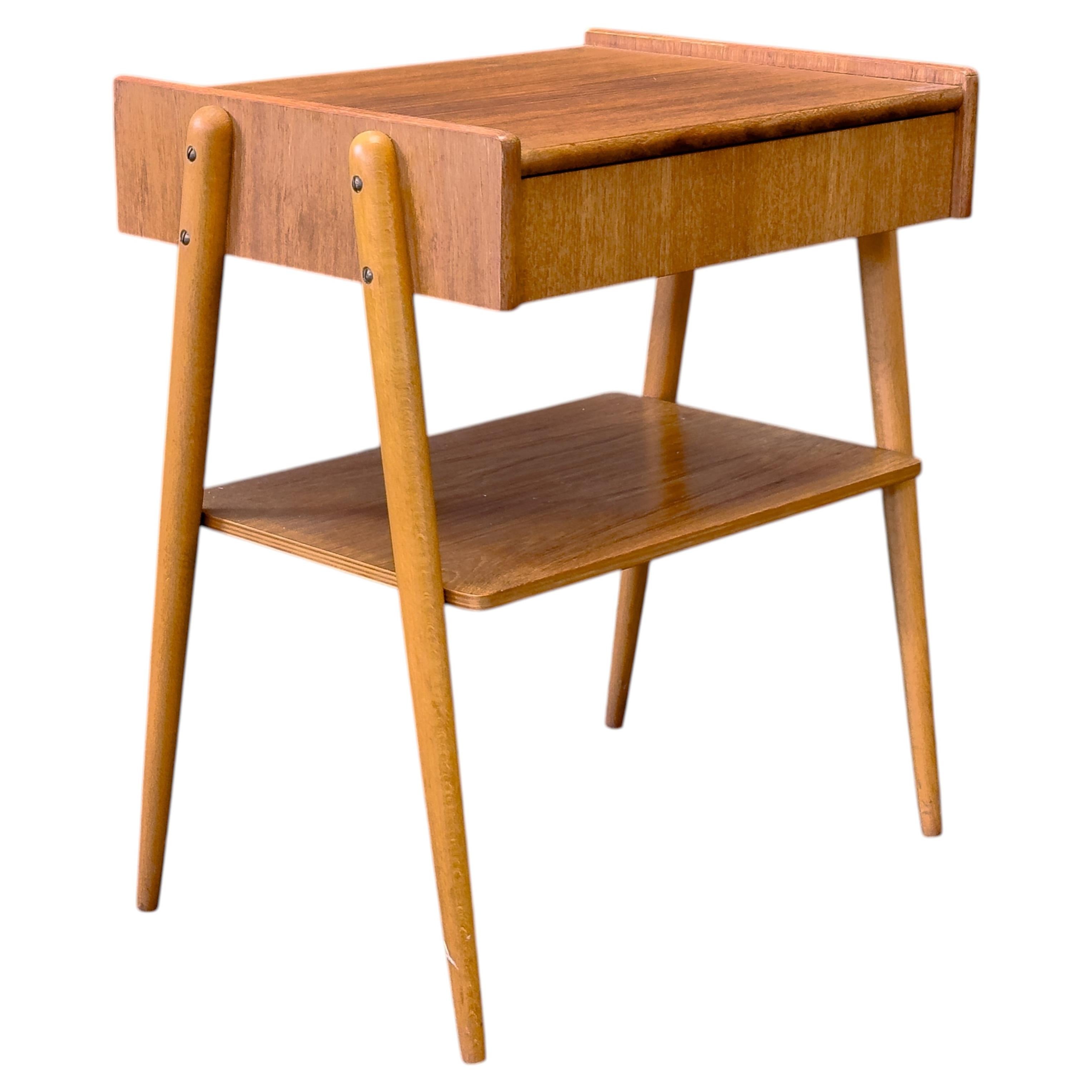 Teak and Oak Bedside Table with Drawer and Shelf For Sale