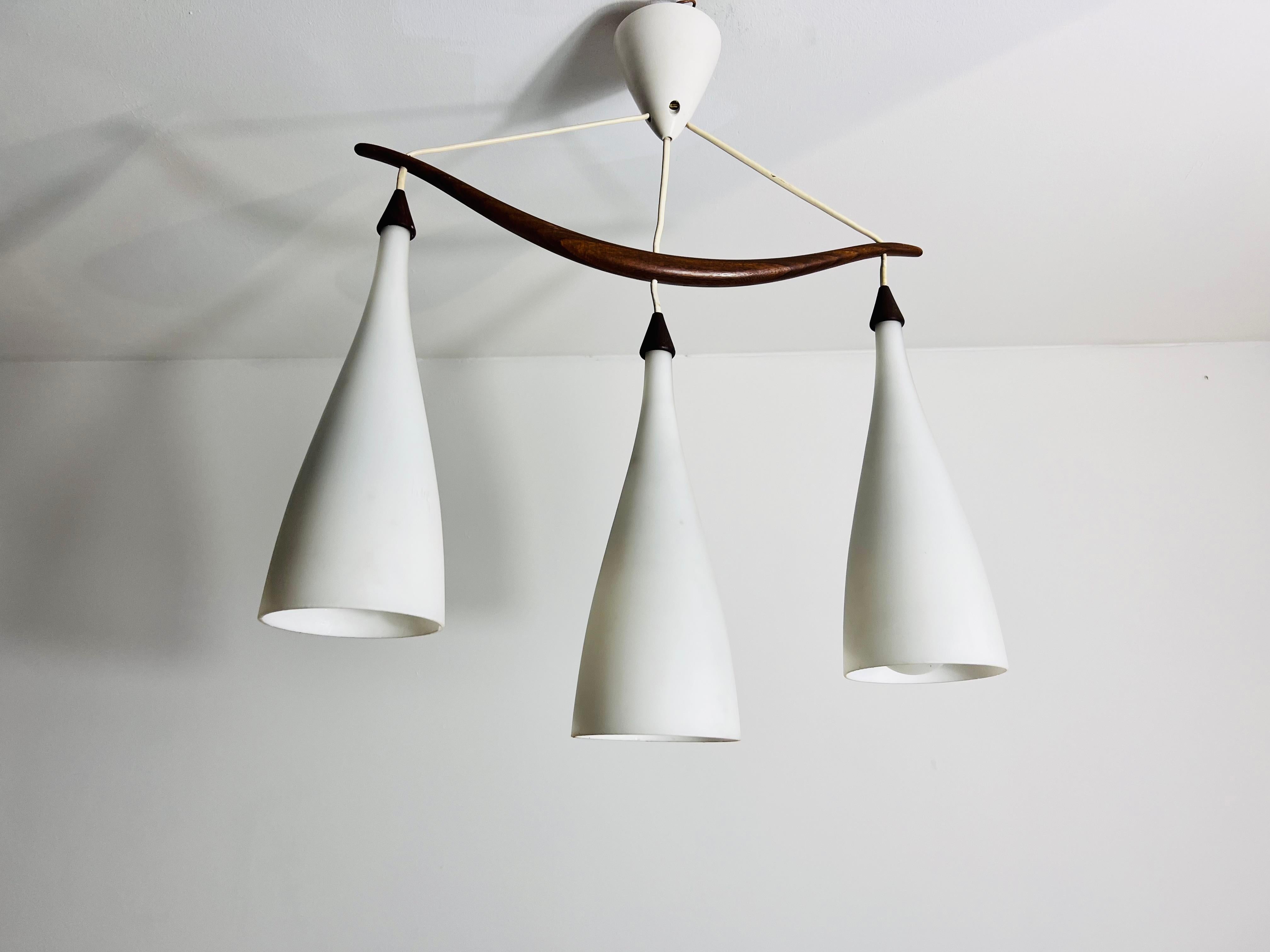 Mid-Century Modern Teak and Opal Glass Pendant Lamp by Uno & Östen Kristiansson for Luxus Sweden For Sale