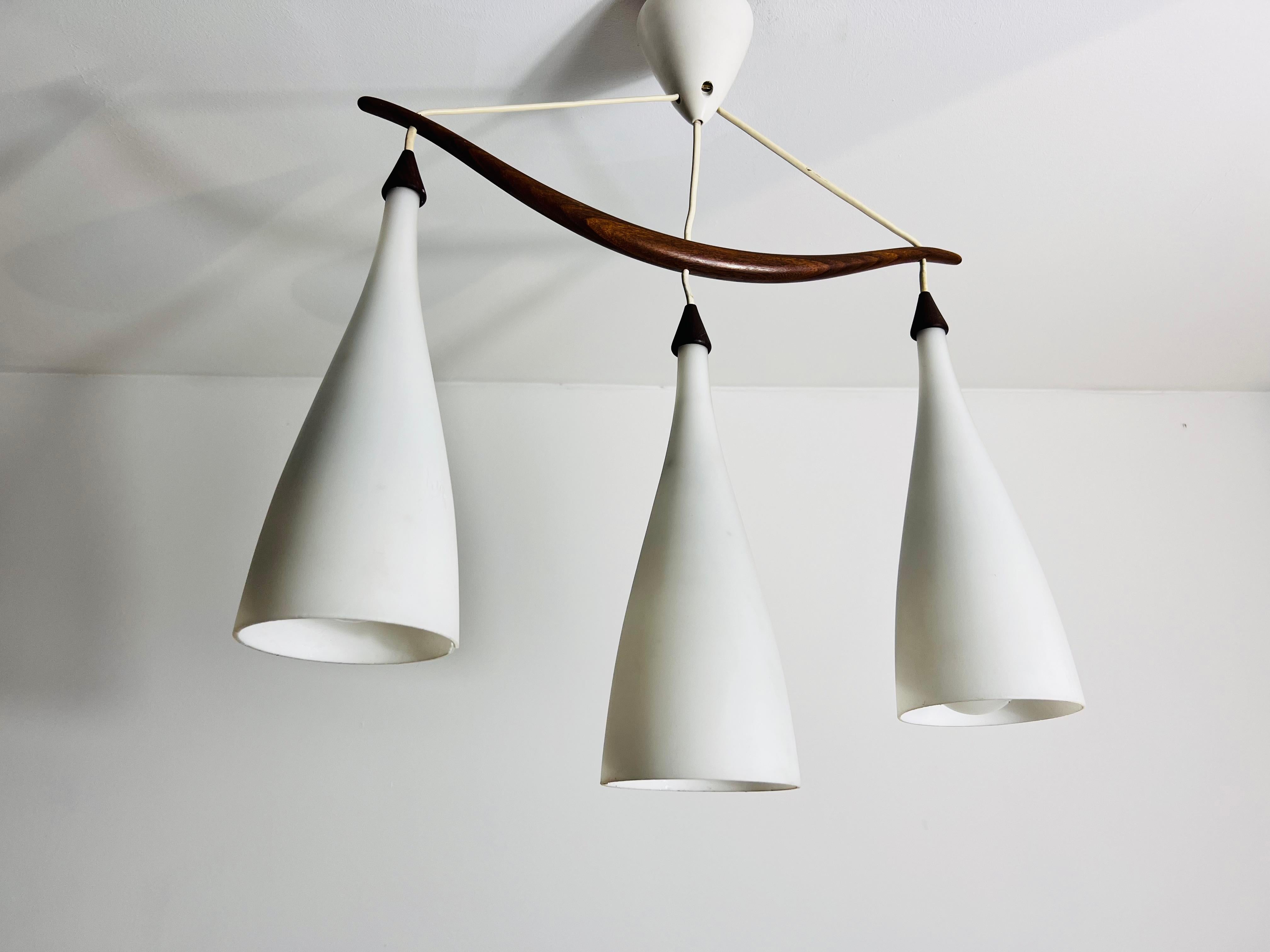 Mid-20th Century Teak and Opal Glass Pendant Lamp by Uno & Östen Kristiansson for Luxus Sweden For Sale