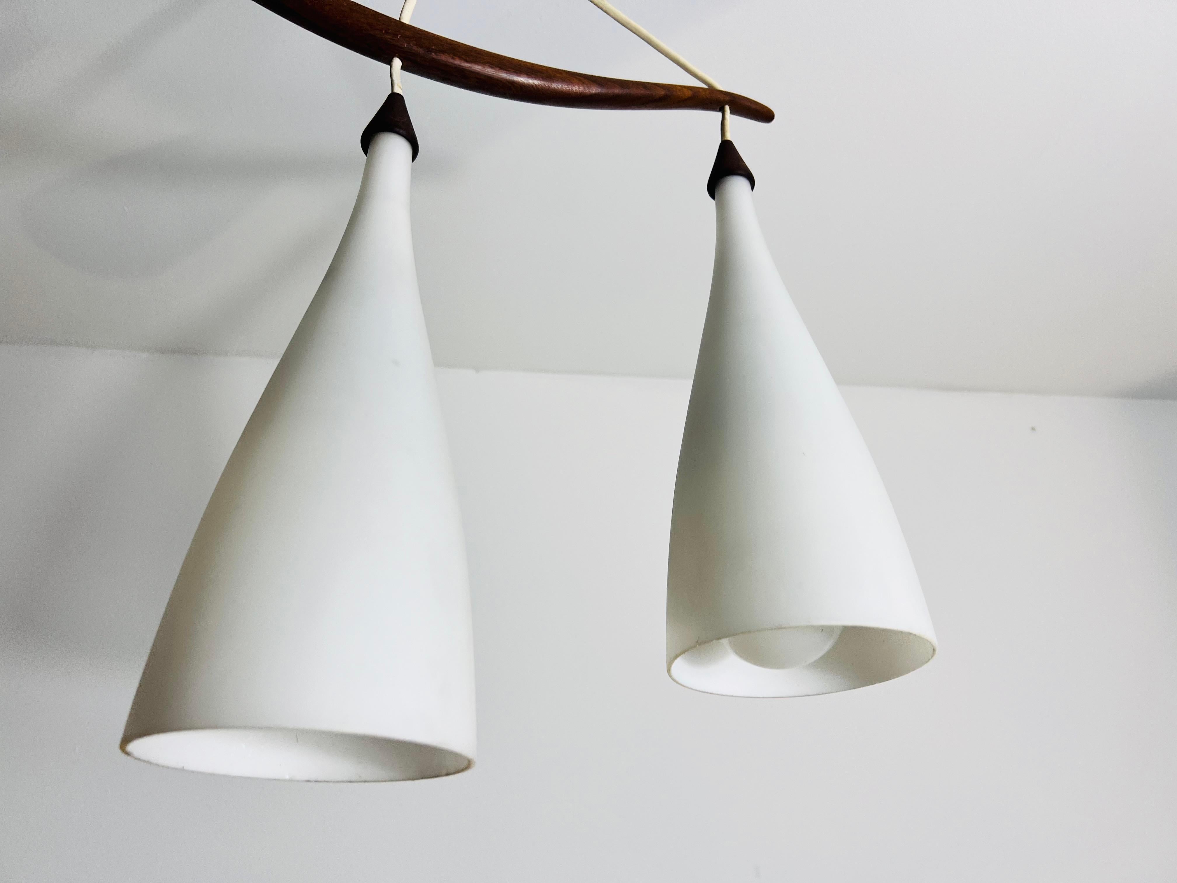 Opaline Glass Teak and Opal Glass Pendant Lamp by Uno & Östen Kristiansson for Luxus Sweden For Sale