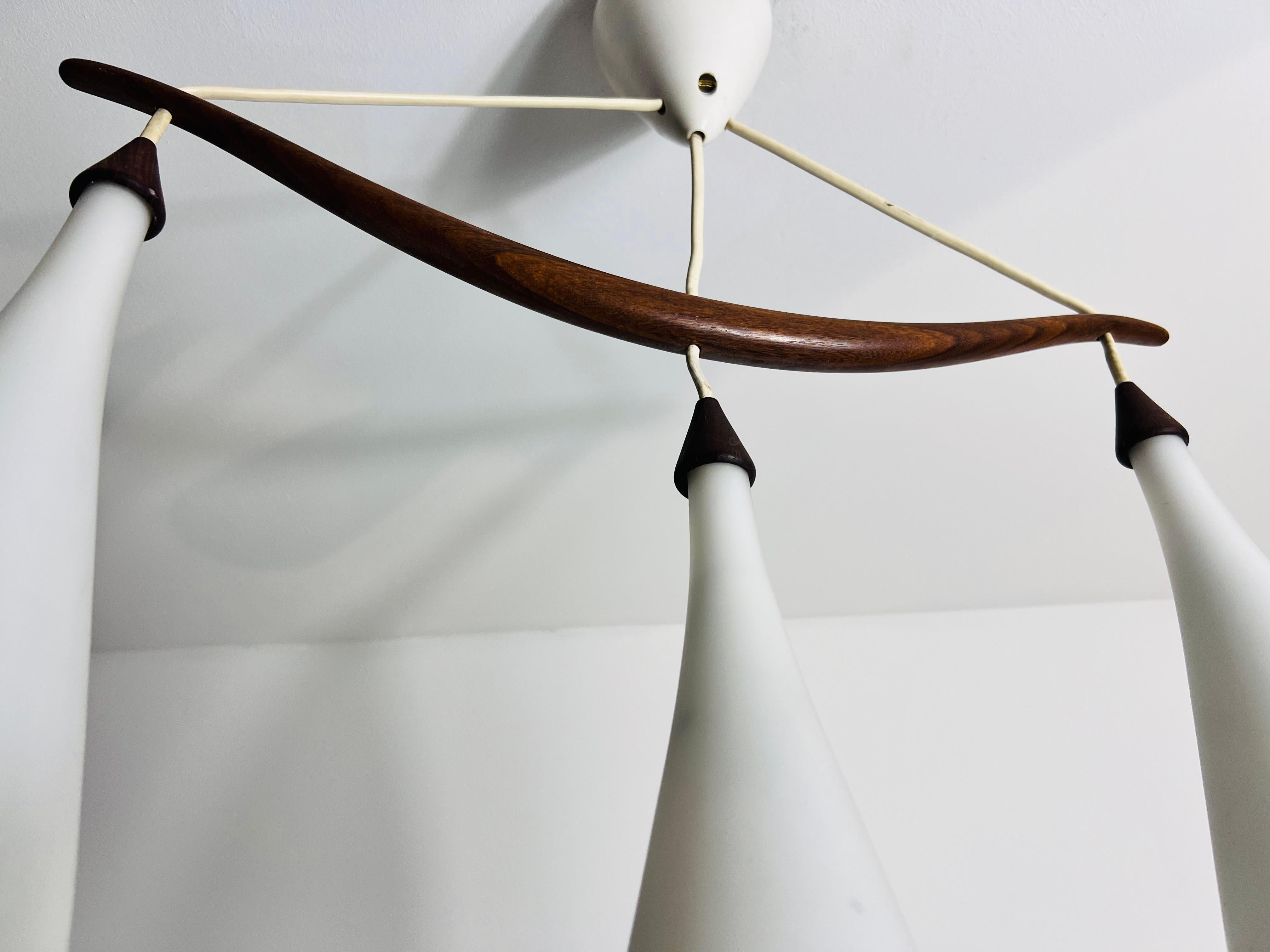 Teak and Opal Glass Pendant Lamp by Uno & Östen Kristiansson for Luxus Sweden For Sale 1