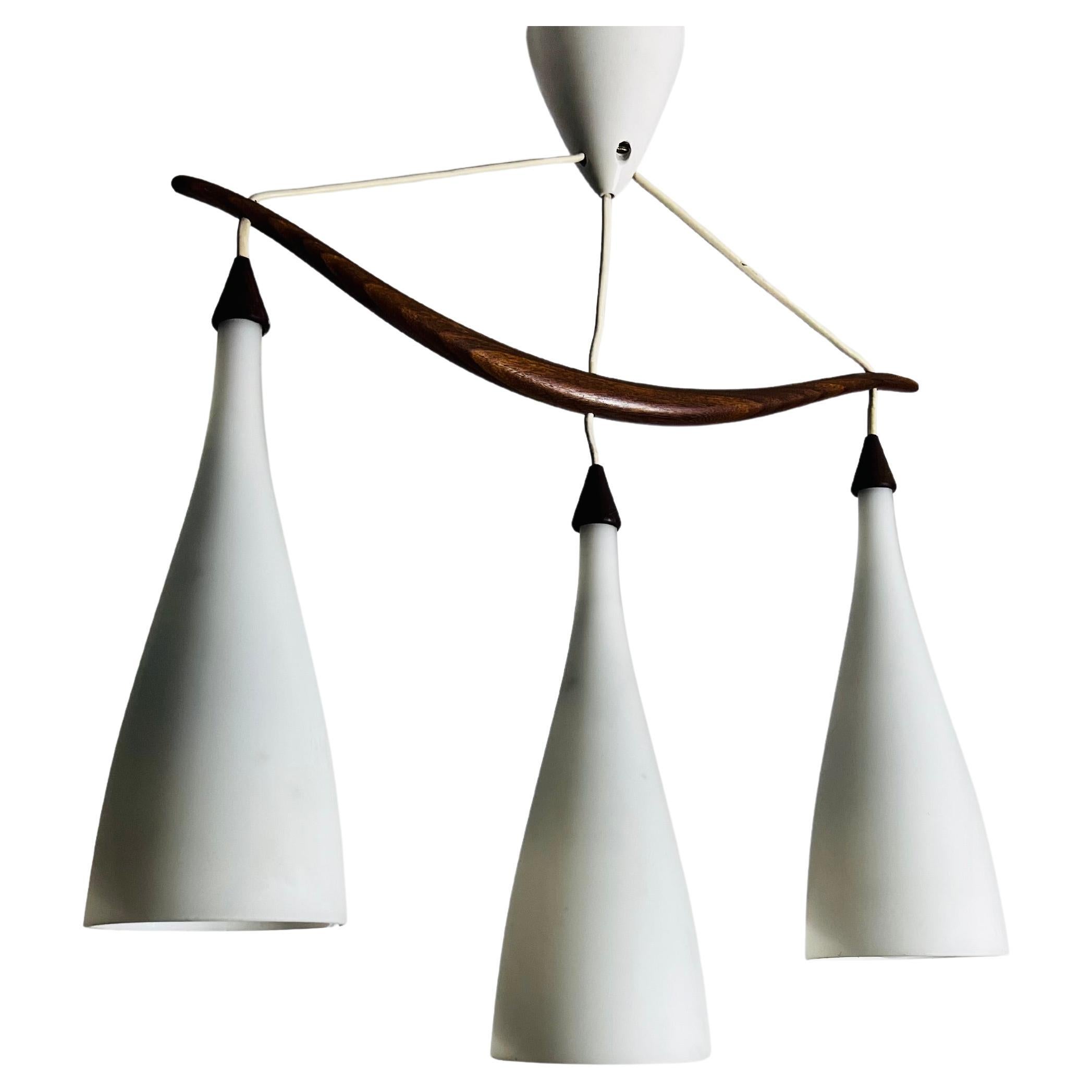 Teak and Opal Glass Pendant Lamp by Uno & Östen Kristiansson for Luxus Sweden For Sale