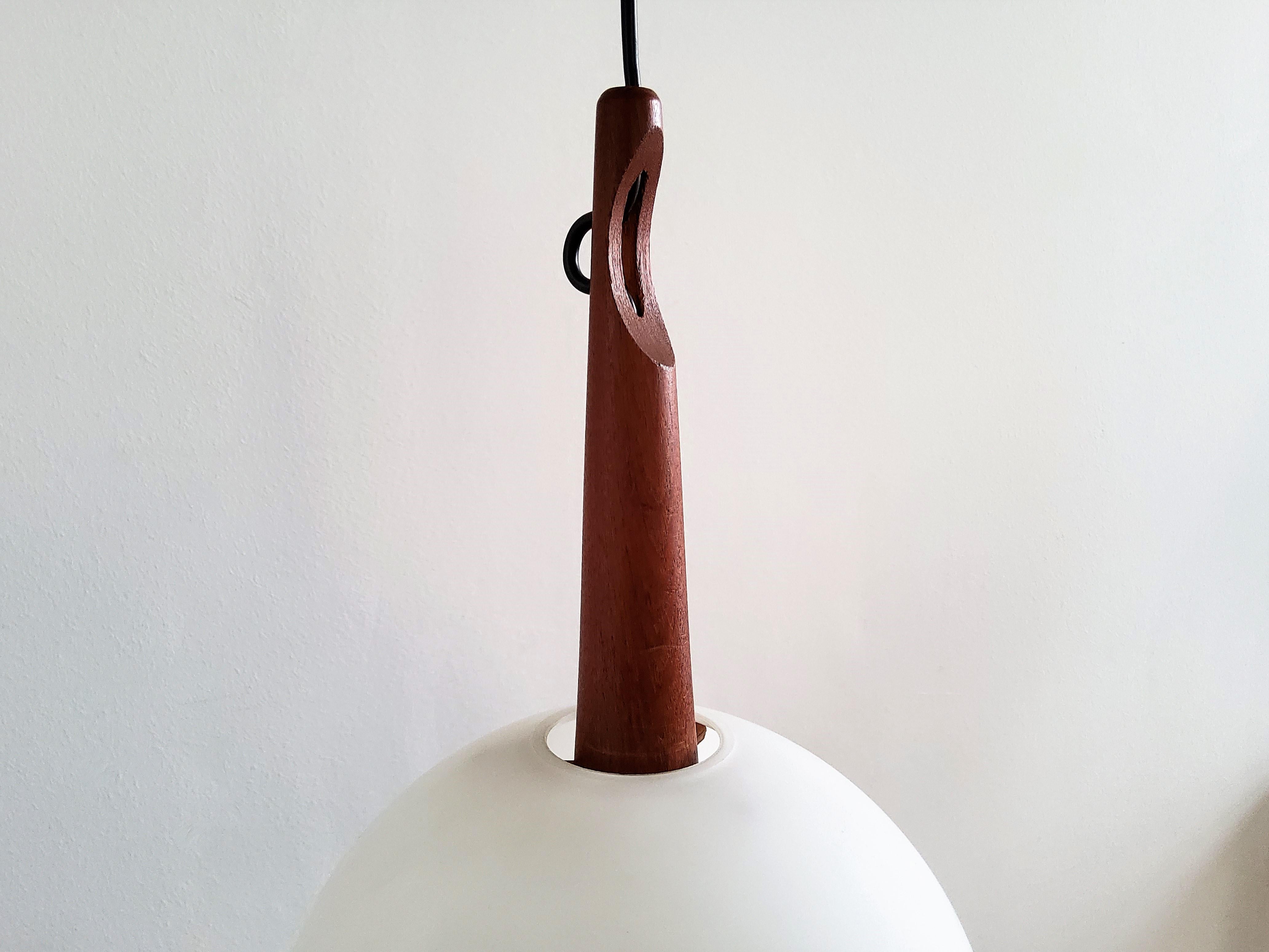 Swedish Teak and Opaline Glass Pendant Lamp by Uno and Östen Kristiansson for Luxus For Sale