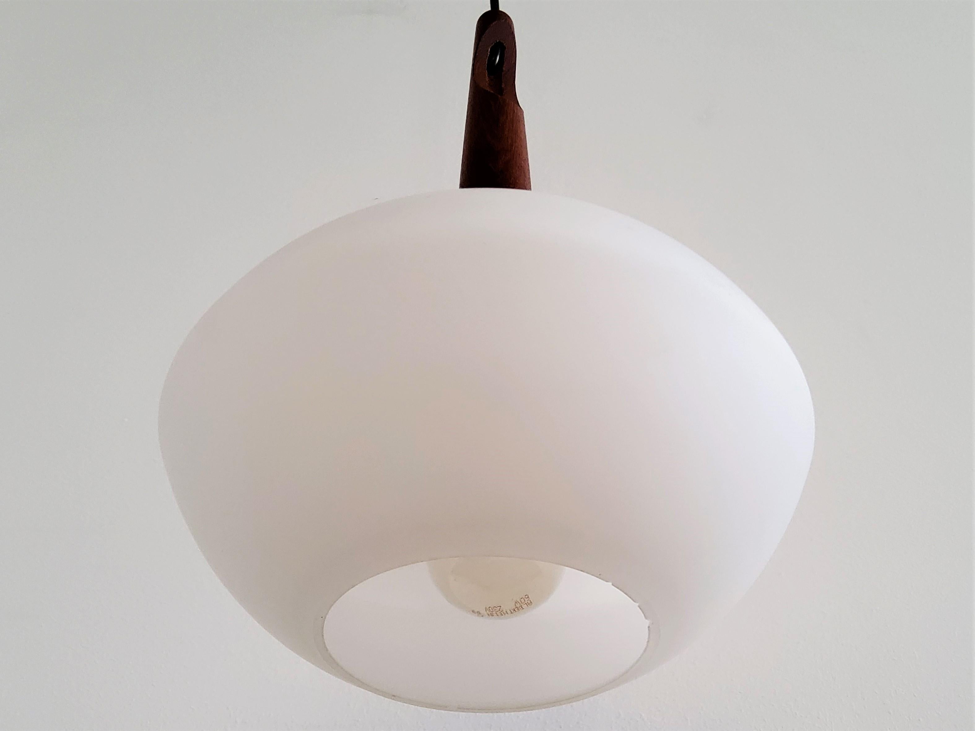 Teak and Opaline Glass Pendant Lamp by Uno and Östen Kristiansson for Luxus In Good Condition For Sale In Steenwijk, NL