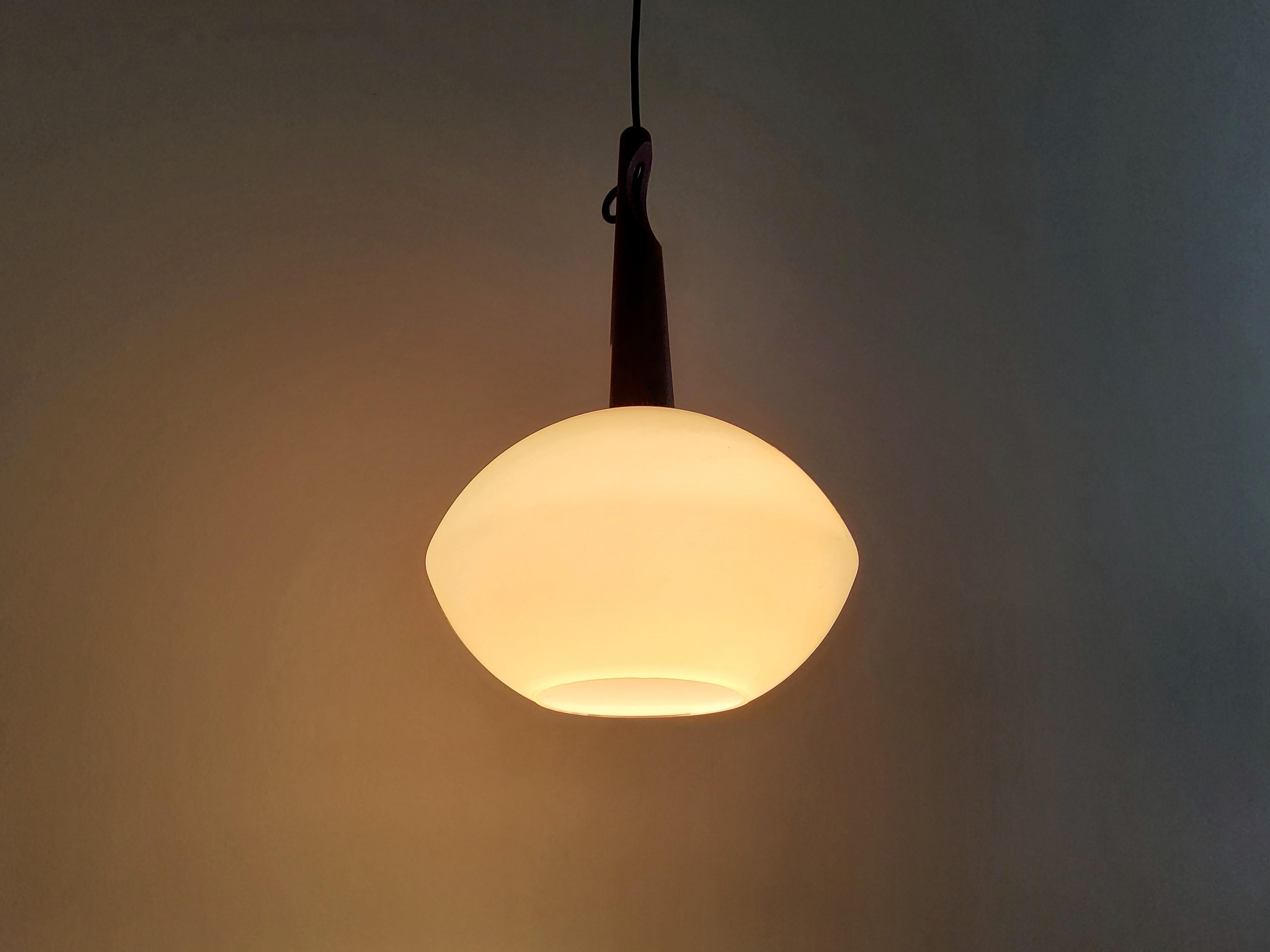 Teak and Opaline Glass Pendant Lamp by Uno and Östen Kristiansson for Luxus For Sale 1