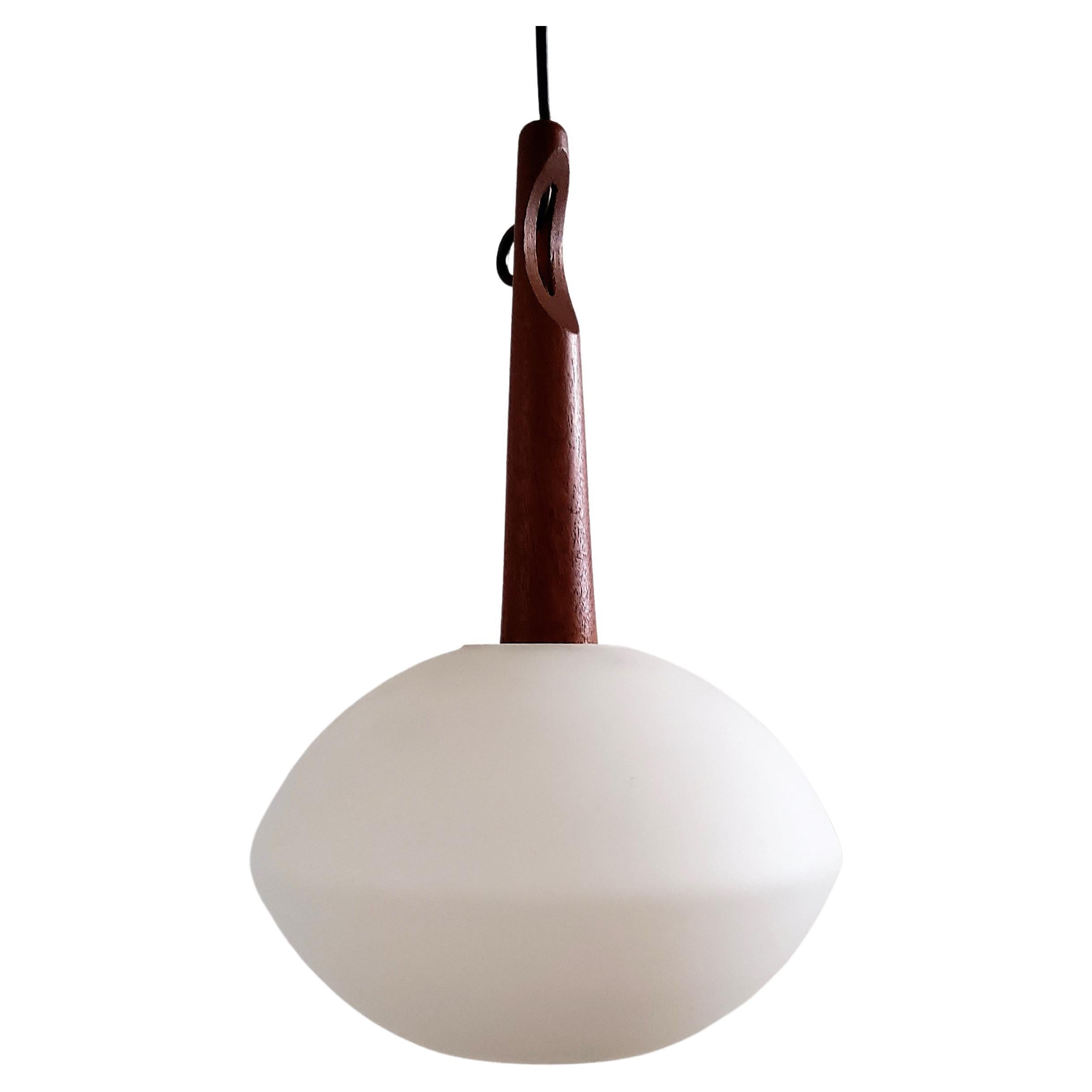 Teak and Opaline Glass Pendant Lamp by Uno and Östen Kristiansson for Luxus For Sale