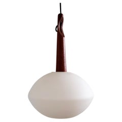 Teak and Opaline Glass Pendant Lamp by Uno and Östen Kristiansson for Luxus