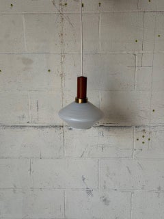 Teak and Opaline Glass Pendant Light Scandinavian Ceiling Lamp Vintage 1960s