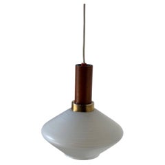 Teak and Opaline Glass Pendant Light Scandinavian Ceiling Lamp Vintage 1960s