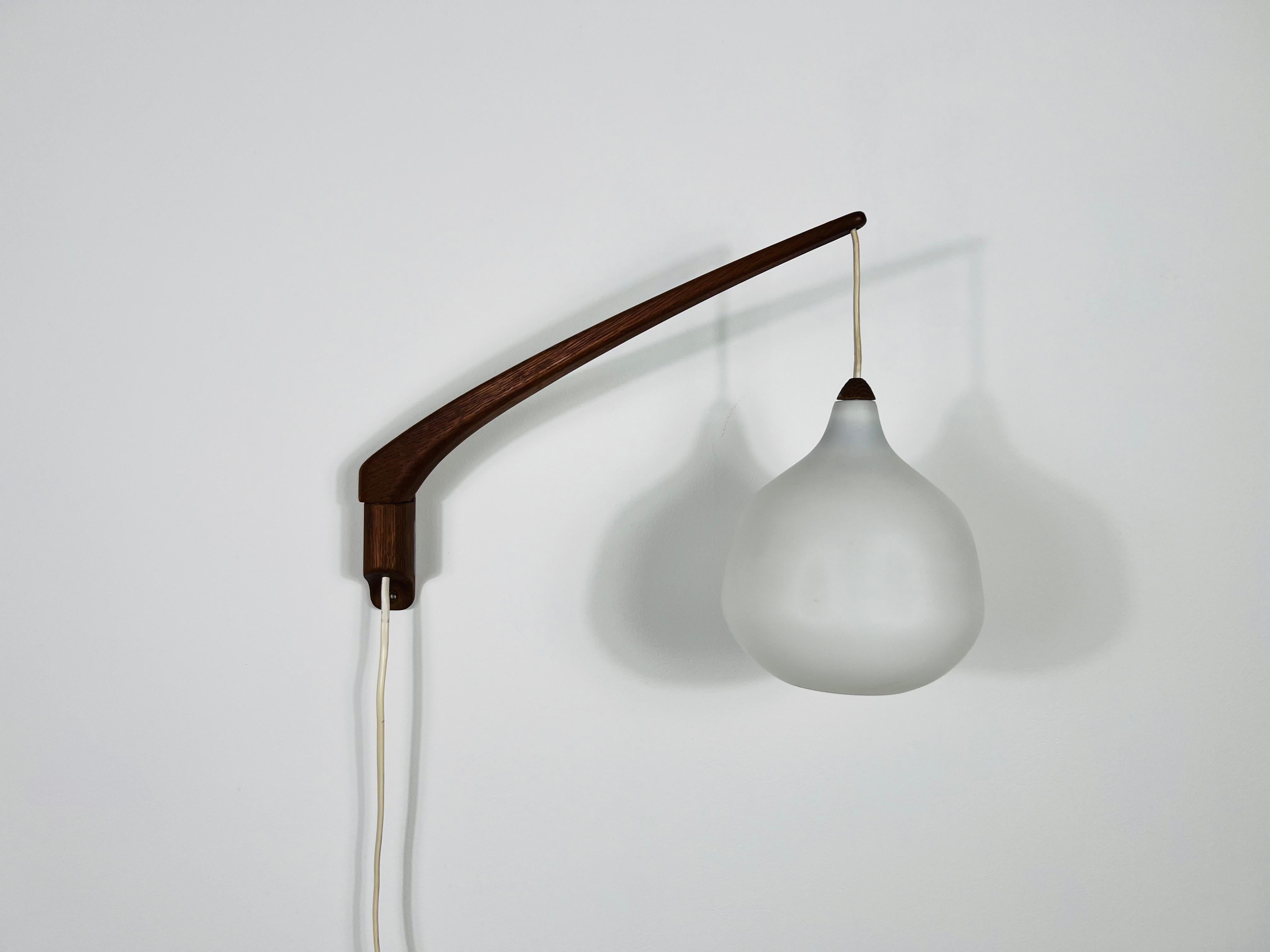 Swedish Teak and Opaline Glass Wall Lamp by Uno & Östen Kristiansson for Luxus Sweden For Sale