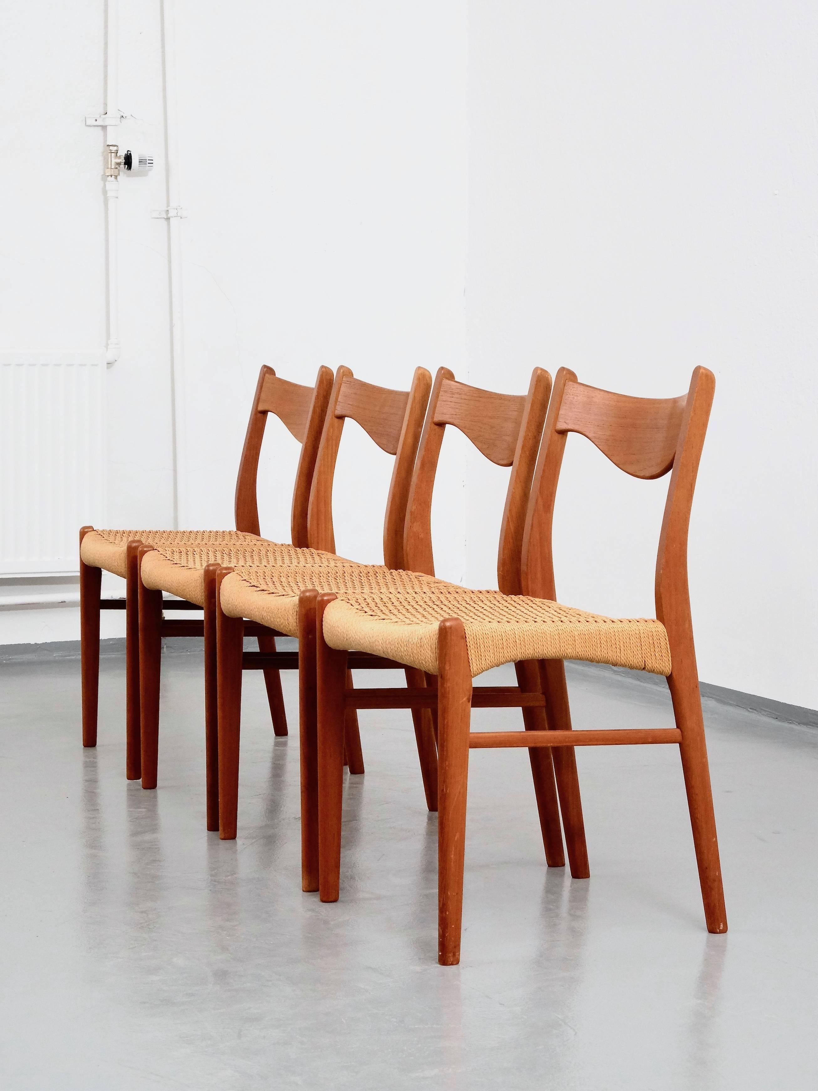 Mid-Century Modern Teak and Paper Cord Chairs by Ejner Larsen & Aksel Bender Madsen, Set of Four