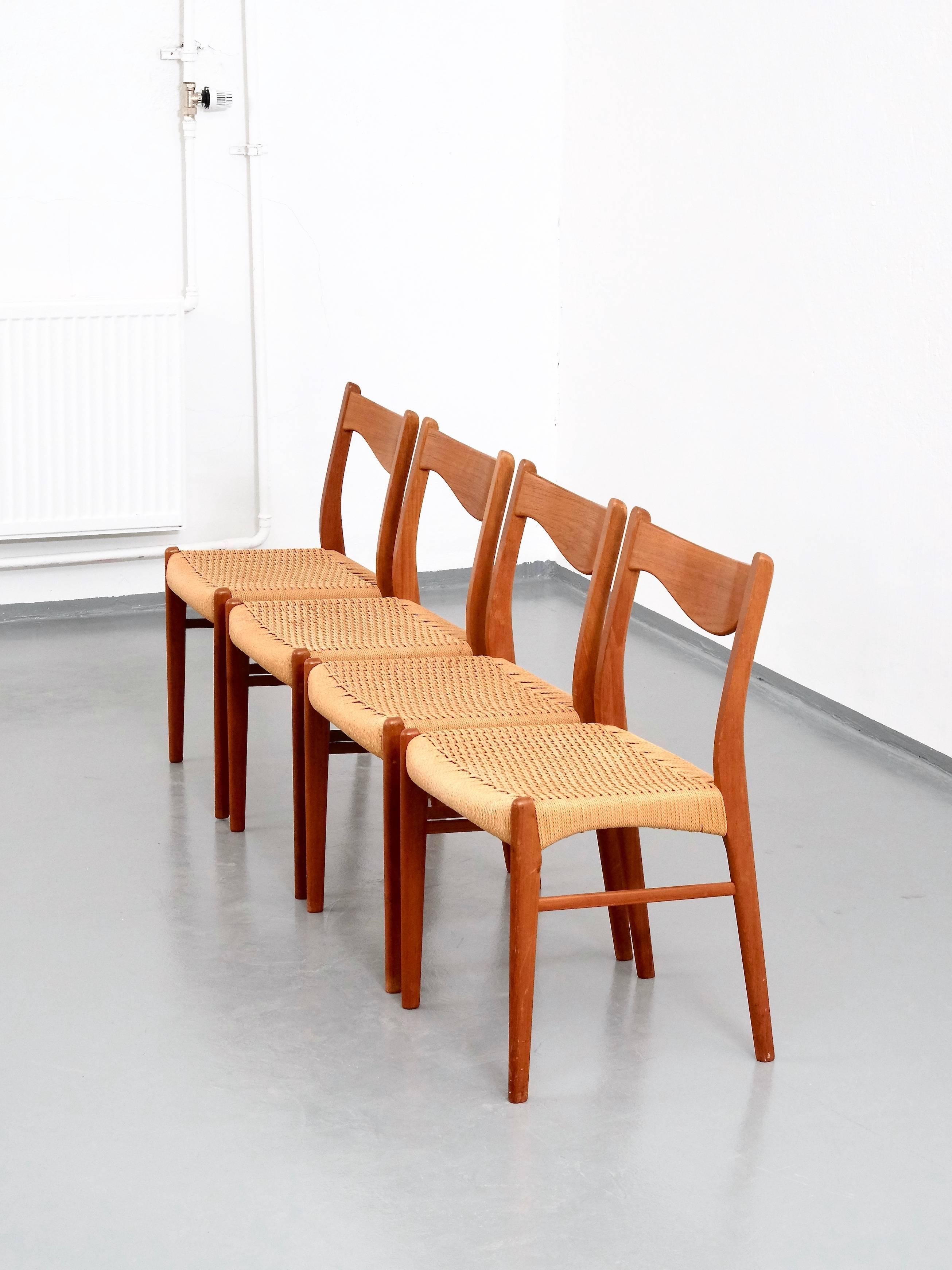 Danish Teak and Paper Cord Chairs by Ejner Larsen & Aksel Bender Madsen, Set of Four