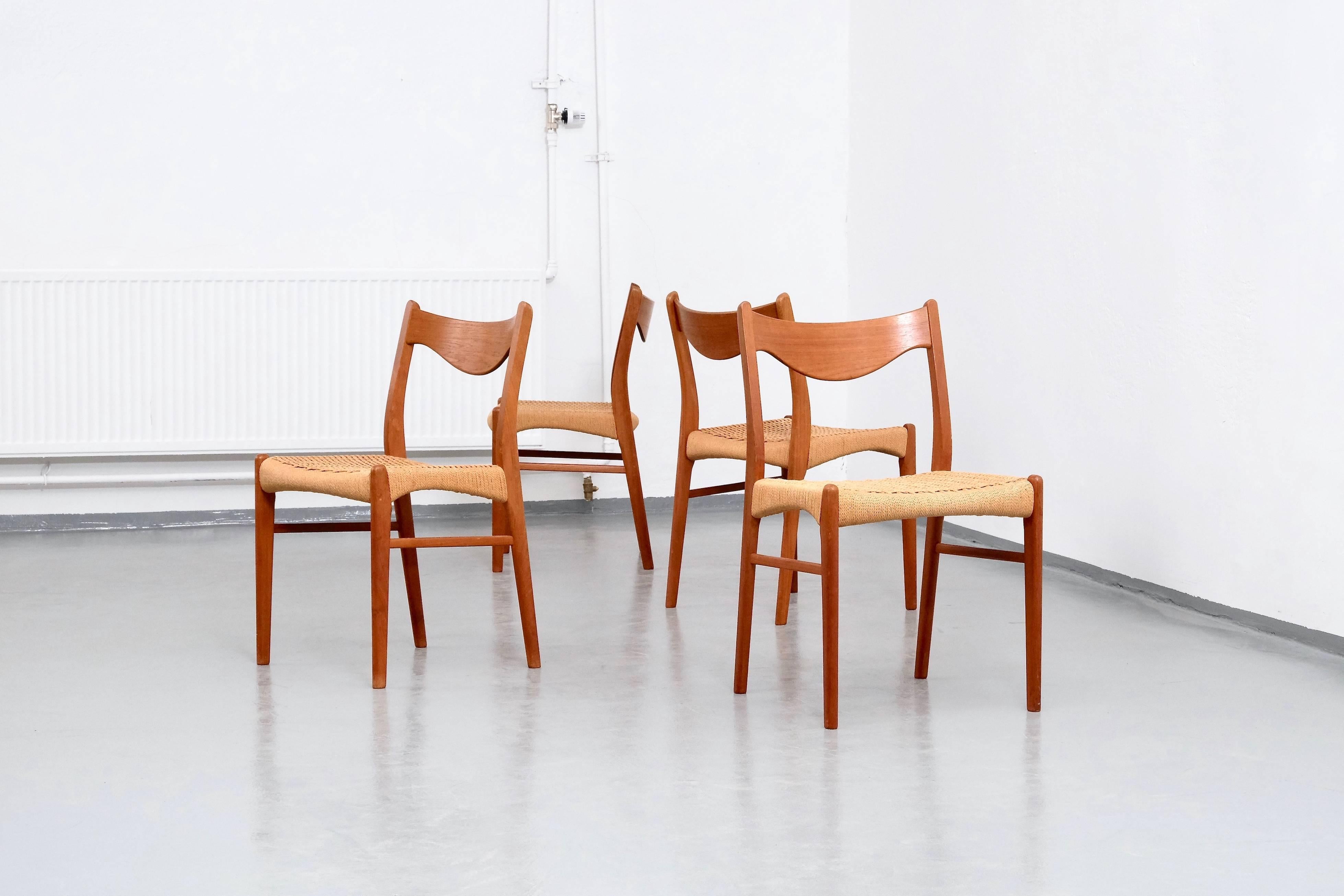 Teak and Paper Cord Chairs by Ejner Larsen & Aksel Bender Madsen, Set of Four In Good Condition In Helsinki, FI