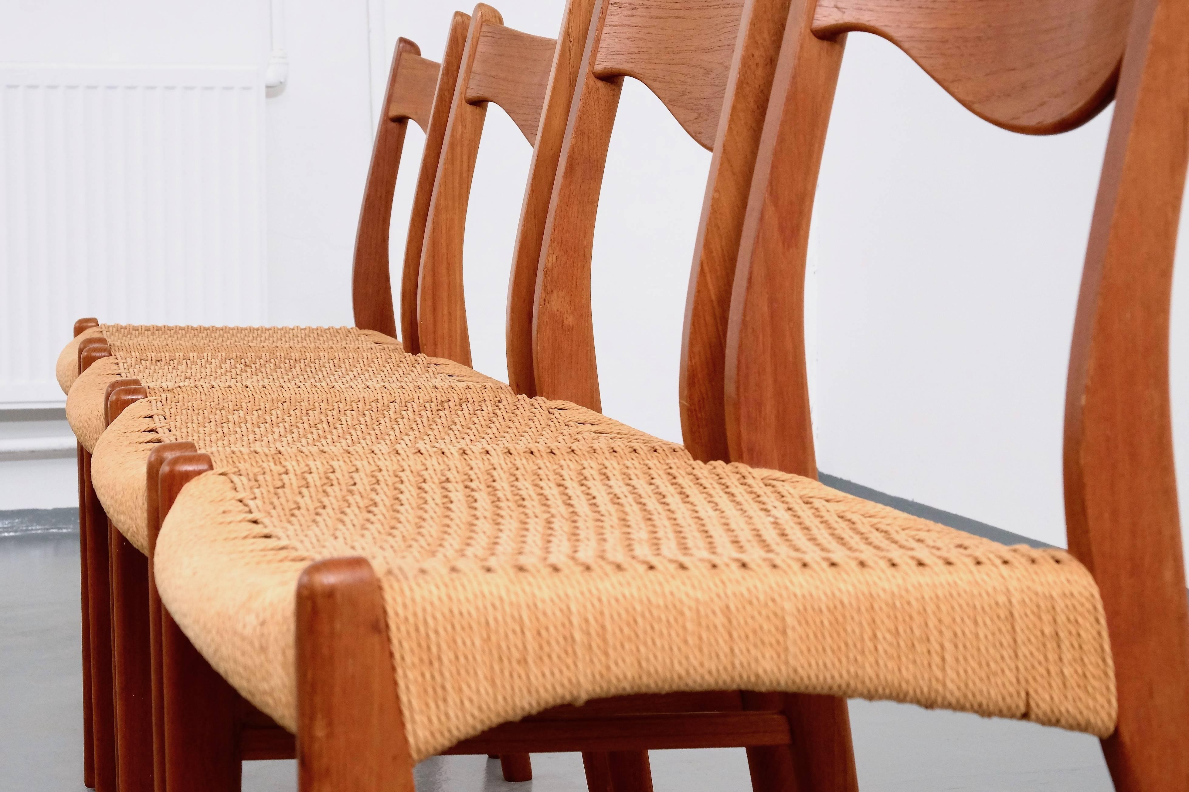 Mid-20th Century Teak and Paper Cord Chairs by Ejner Larsen & Aksel Bender Madsen, Set of Four
