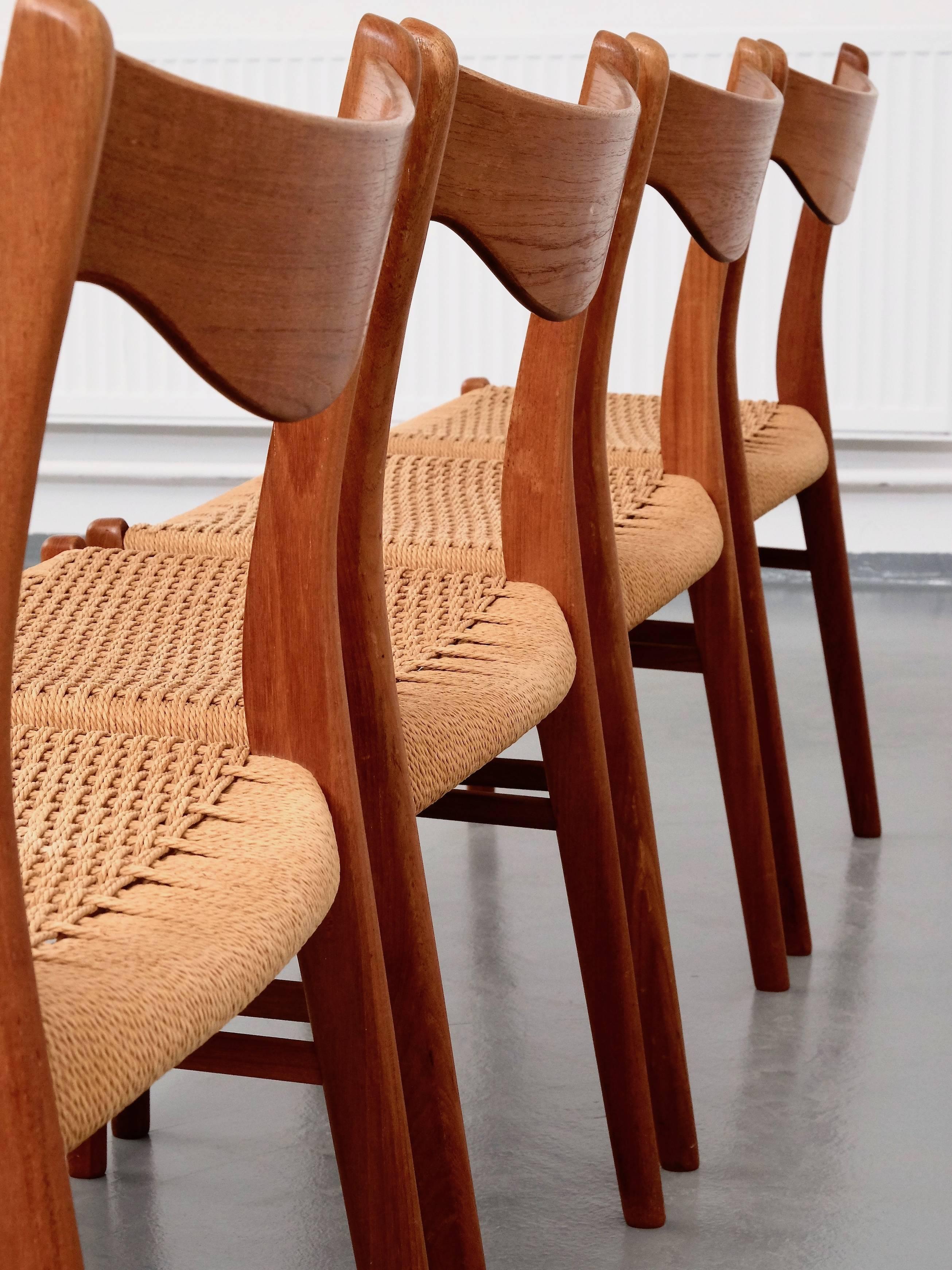 Papercord Teak and Paper Cord Chairs by Ejner Larsen & Aksel Bender Madsen, Set of Four