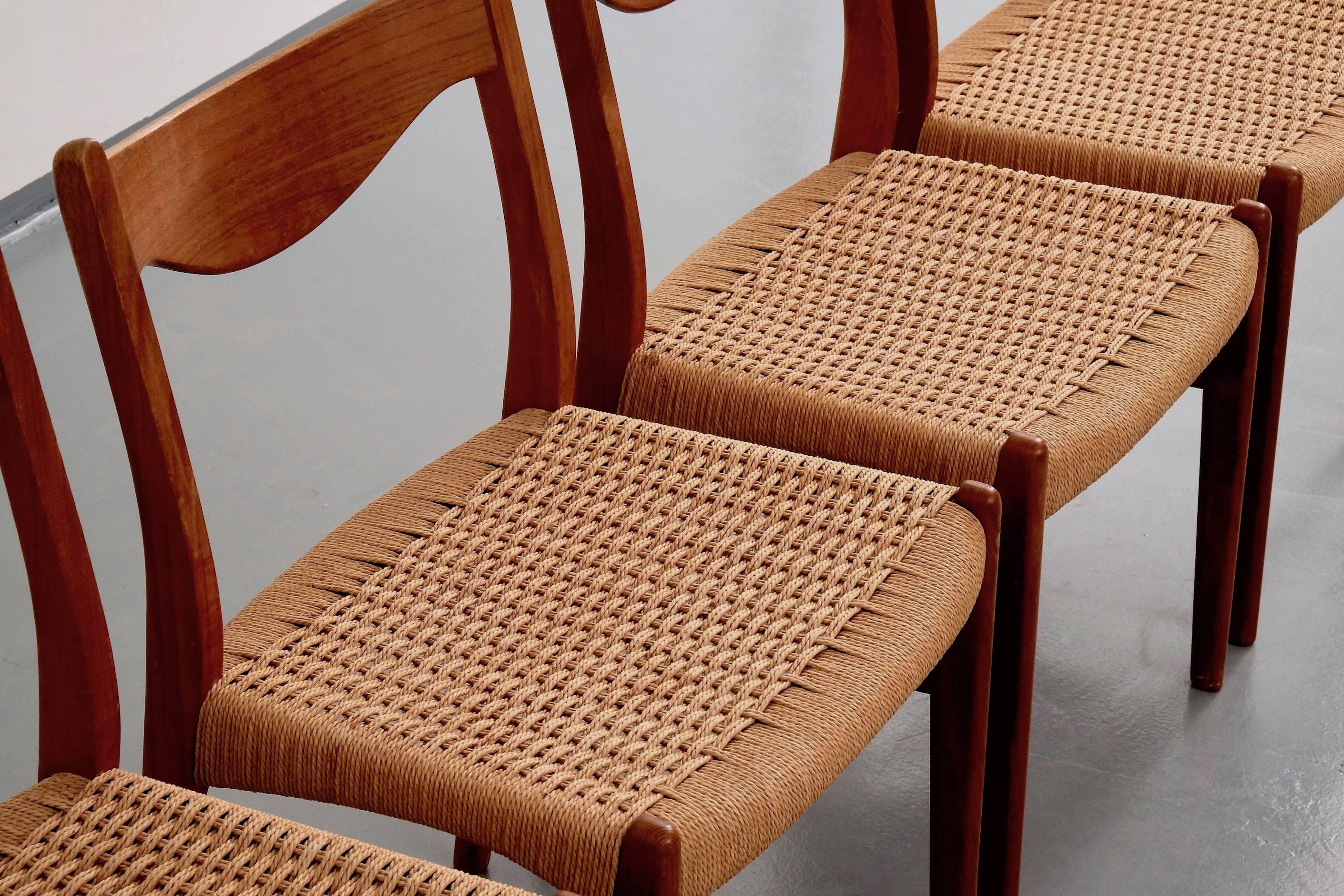 Teak and Paper Cord Chairs by Ejner Larsen & Aksel Bender Madsen, Set of Four 1