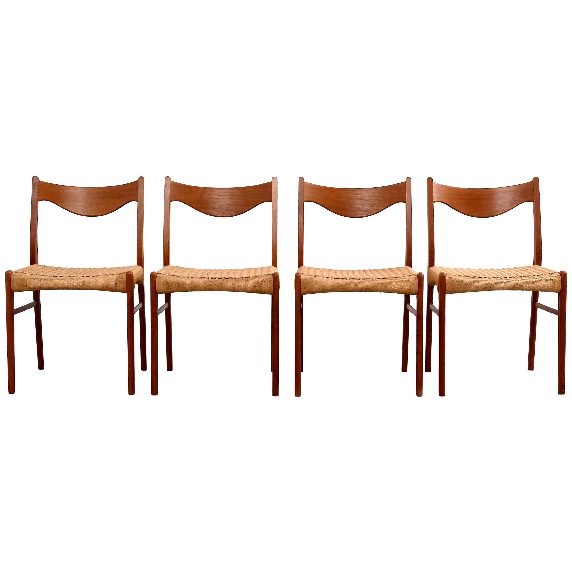 Teak and Paper Cord Chairs by Ejner Larsen & Aksel Bender Madsen, Set of Four