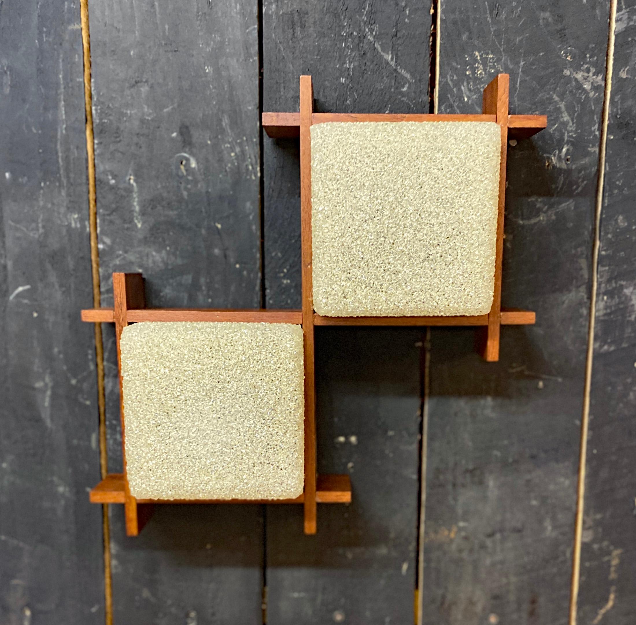 Mid-20th Century teak and perpex wall light, illuminating with 2 lights, French work circa 1950 For Sale
