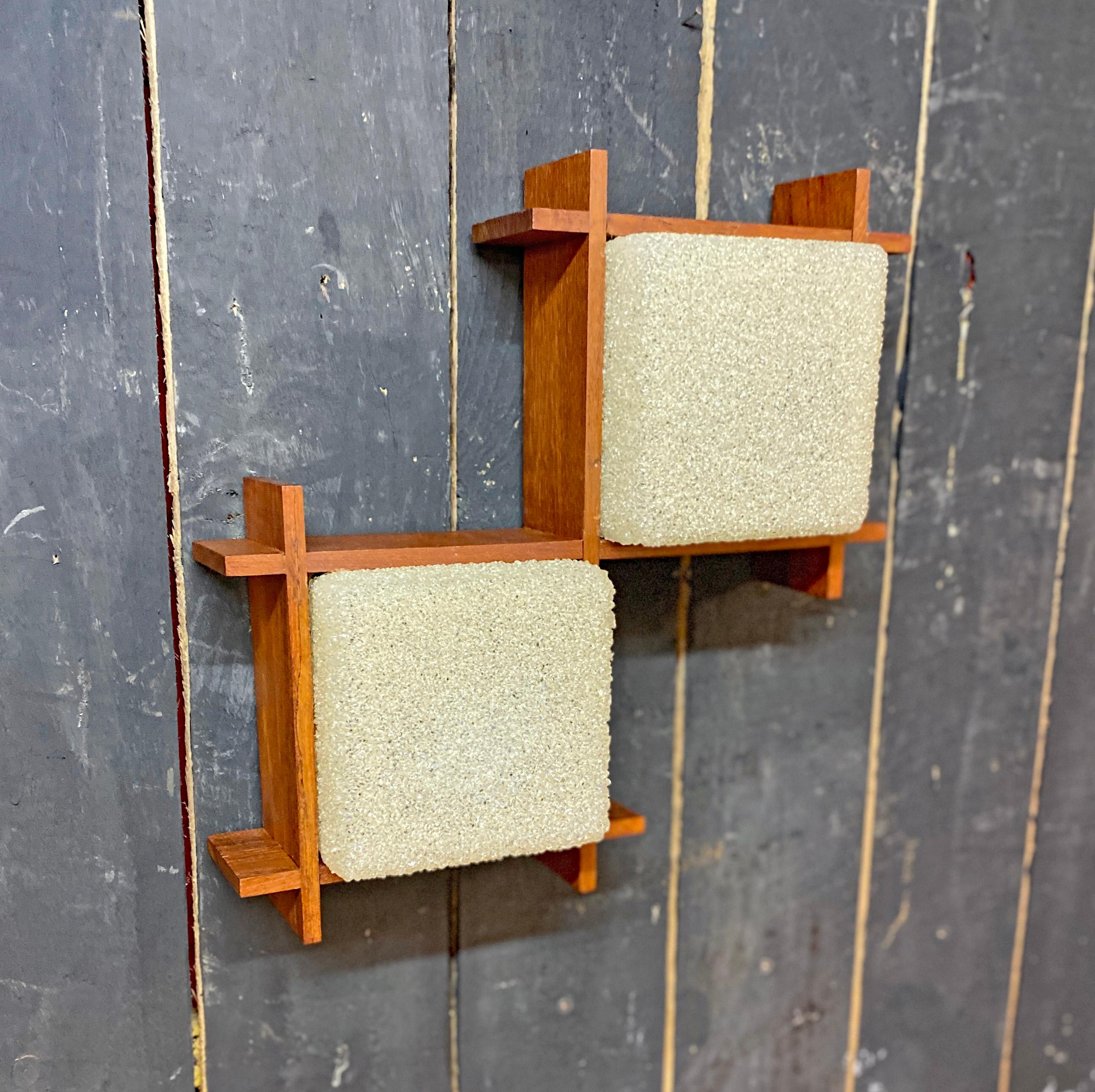 Plastic teak and perpex wall light, illuminating with 2 lights, French work circa 1950 For Sale