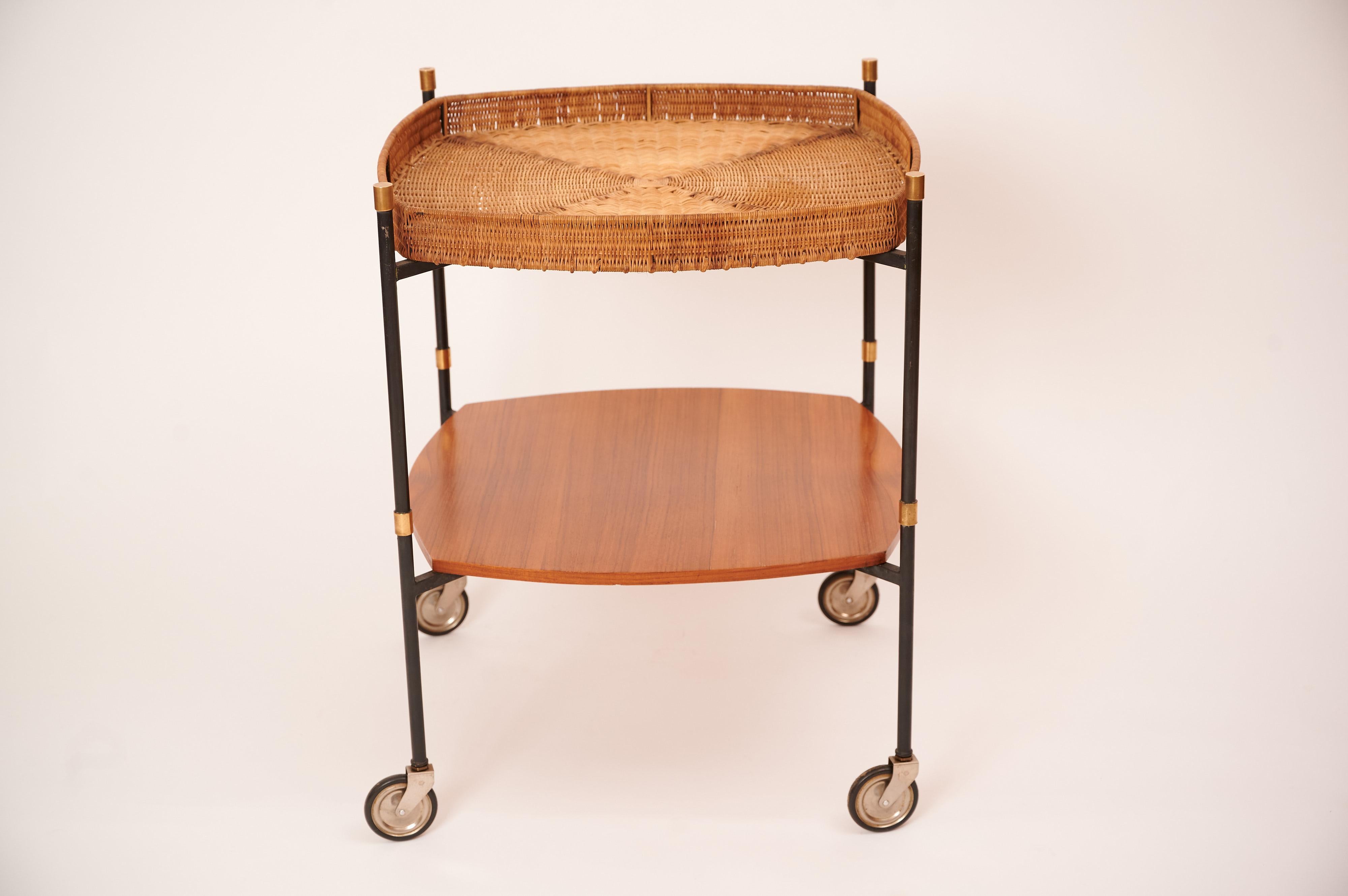 Mid-20th Century Teak and Rattan Trolley from 1950s Italy For Sale