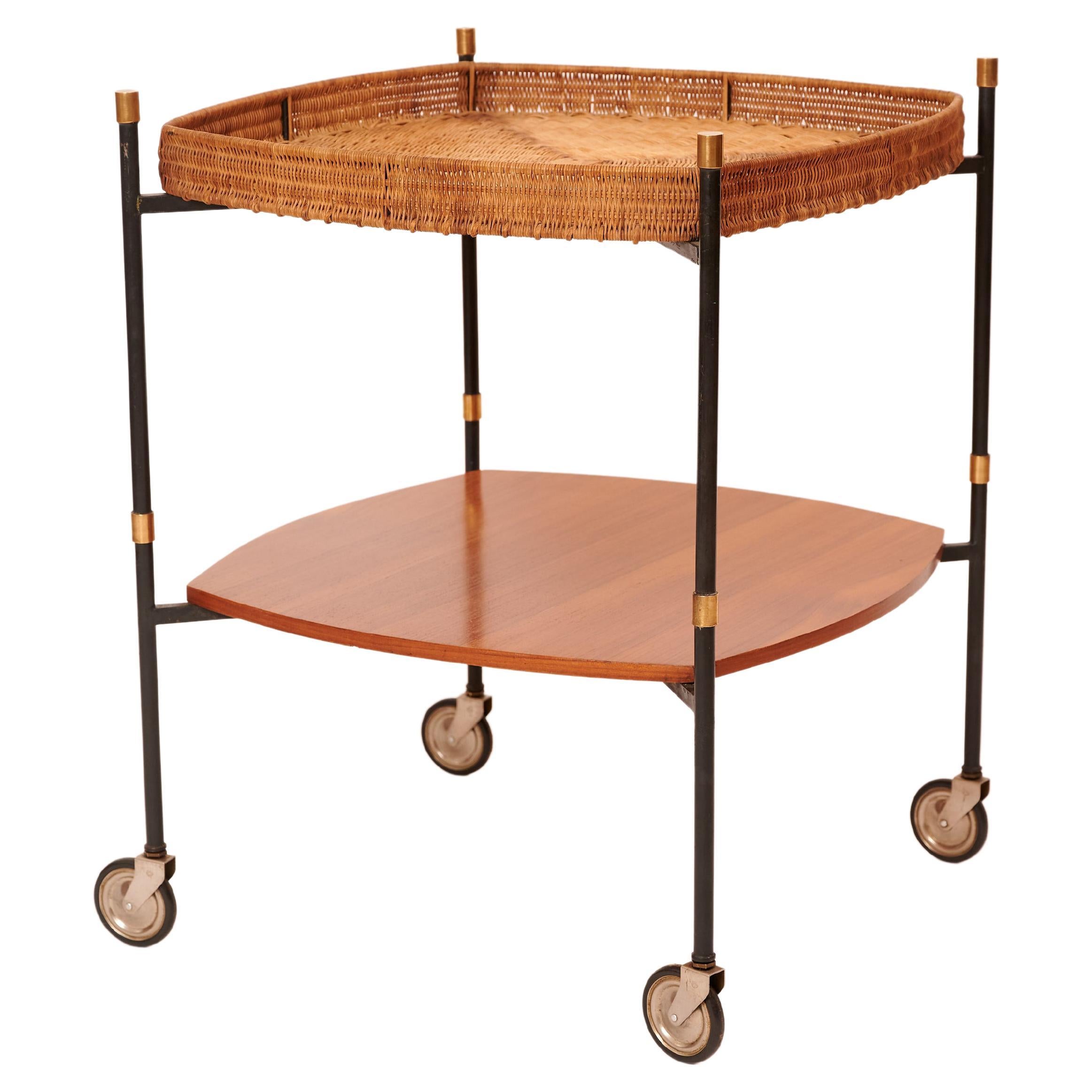 Teak and Rattan Trolley from 1950s Italy For Sale