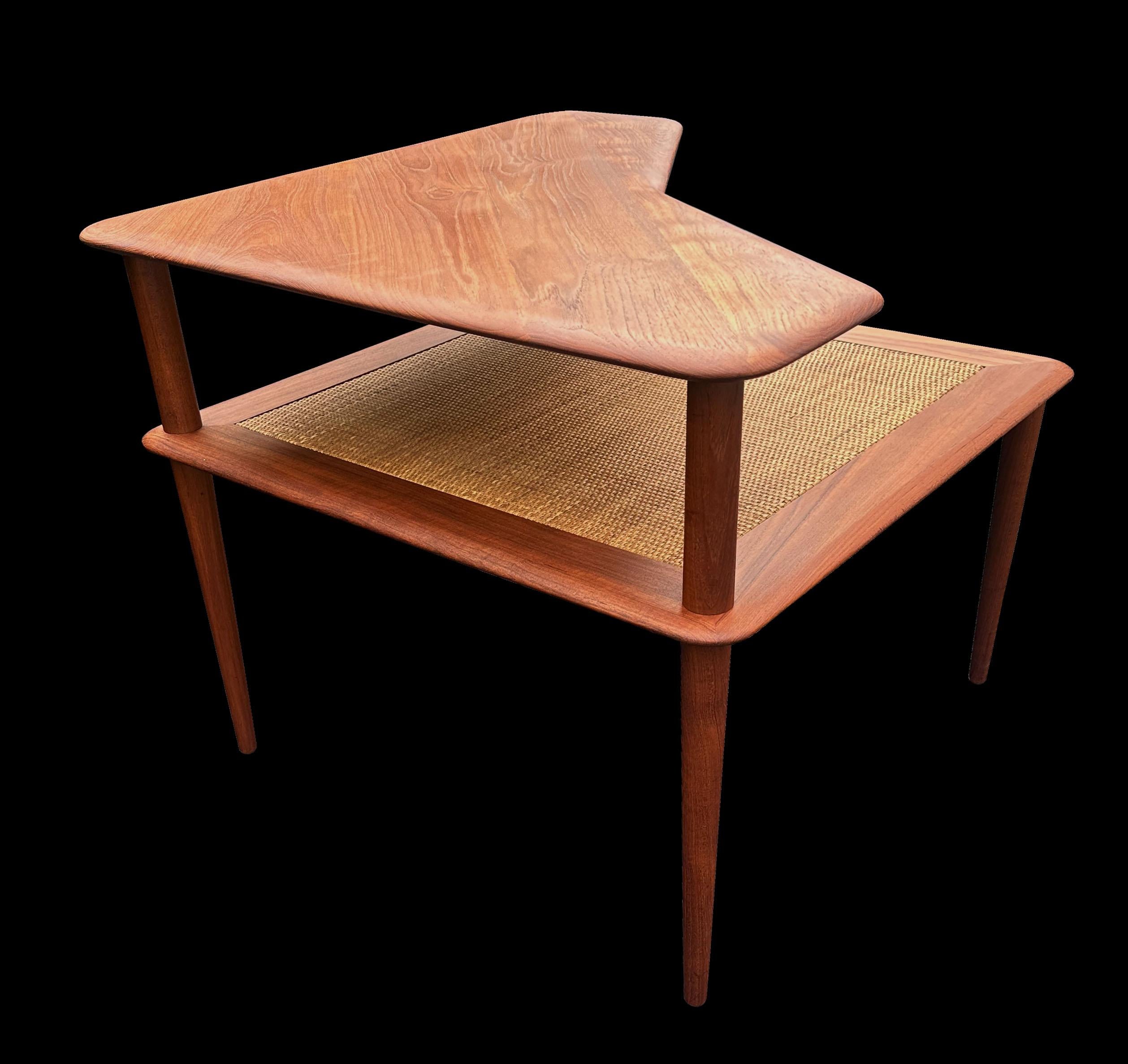 Danish Teak and Rattan two tier 'Minerva' Corner Table by Peter Hvidt and Orla Molgaard For Sale