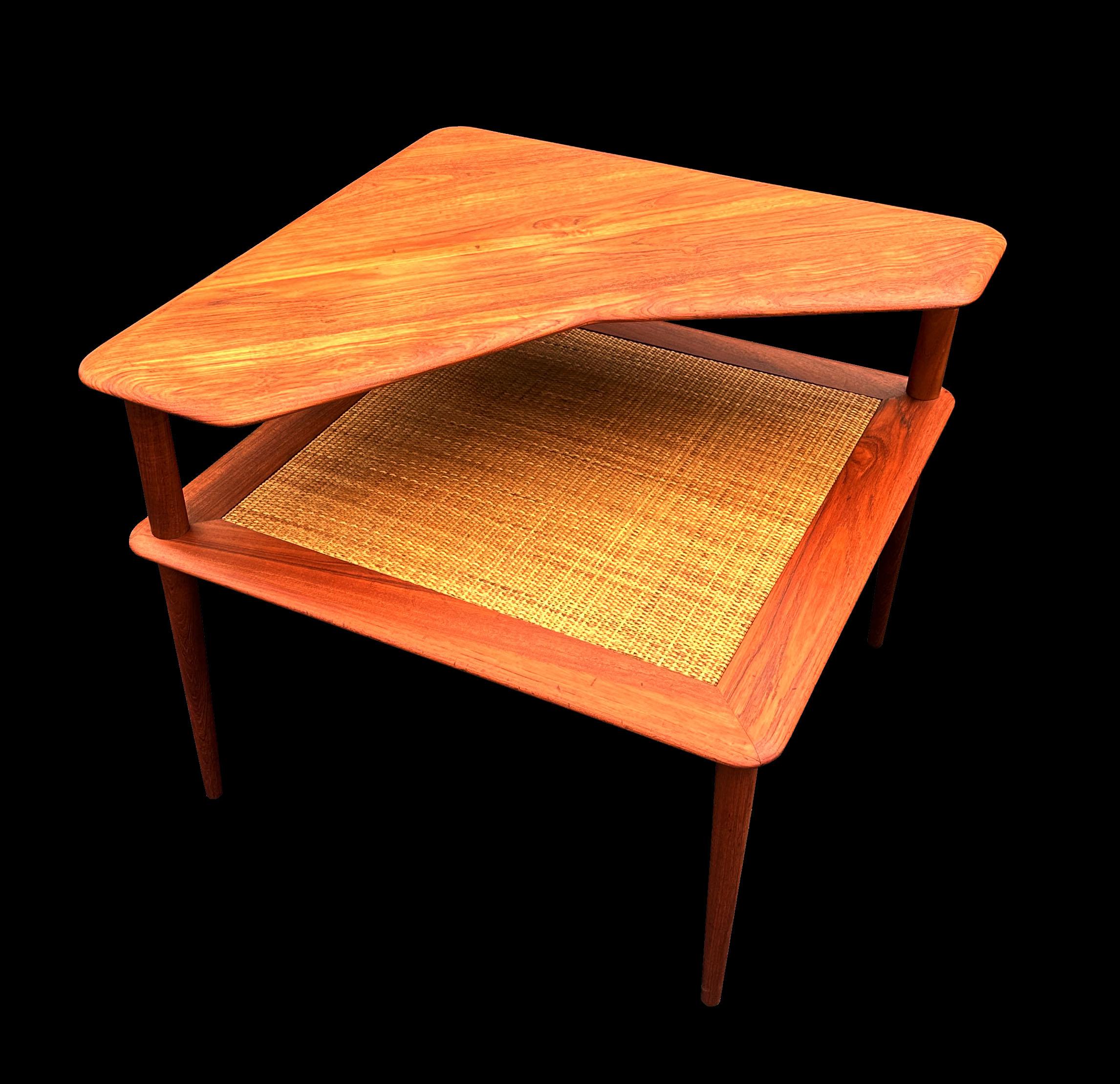 20th Century Teak and Rattan two tier 'Minerva' Corner Table by Peter Hvidt and Orla Molgaard For Sale