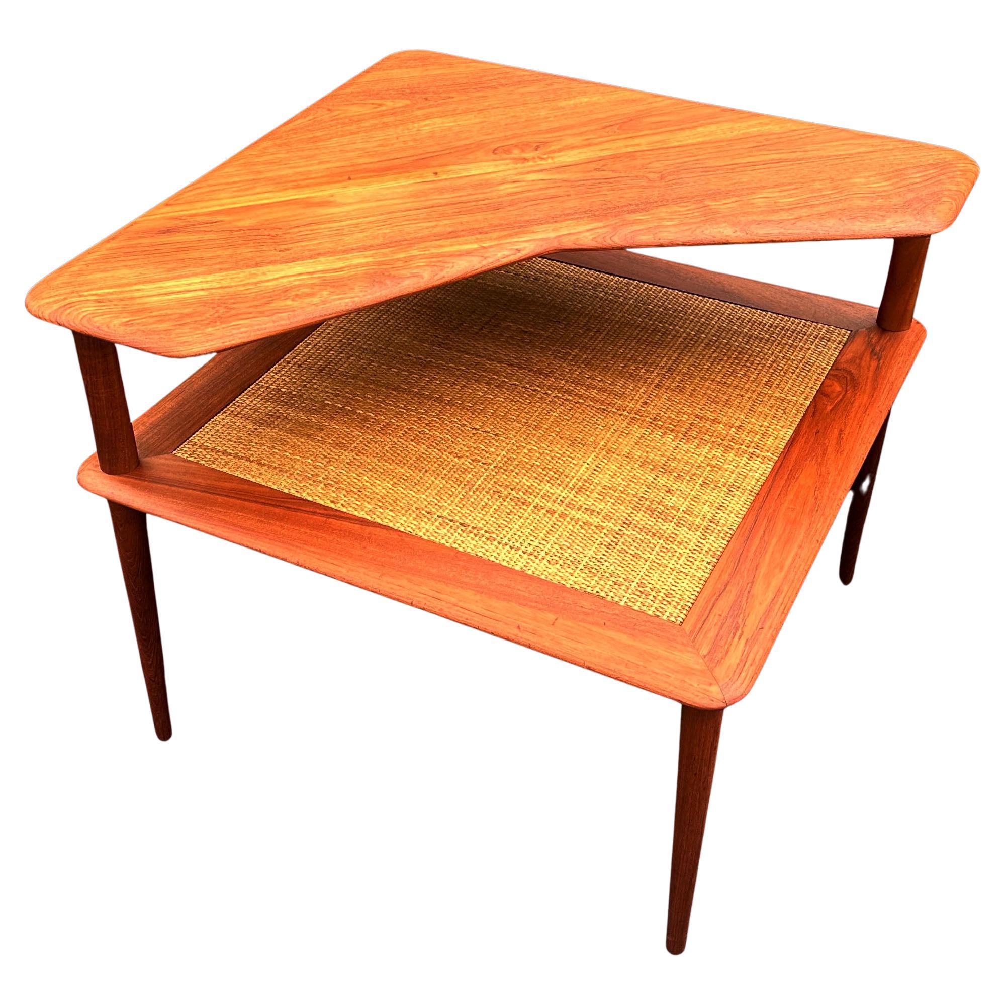 Teak and Rattan two tier 'Minerva' Corner Table by Peter Hvidt and Orla Molgaard For Sale