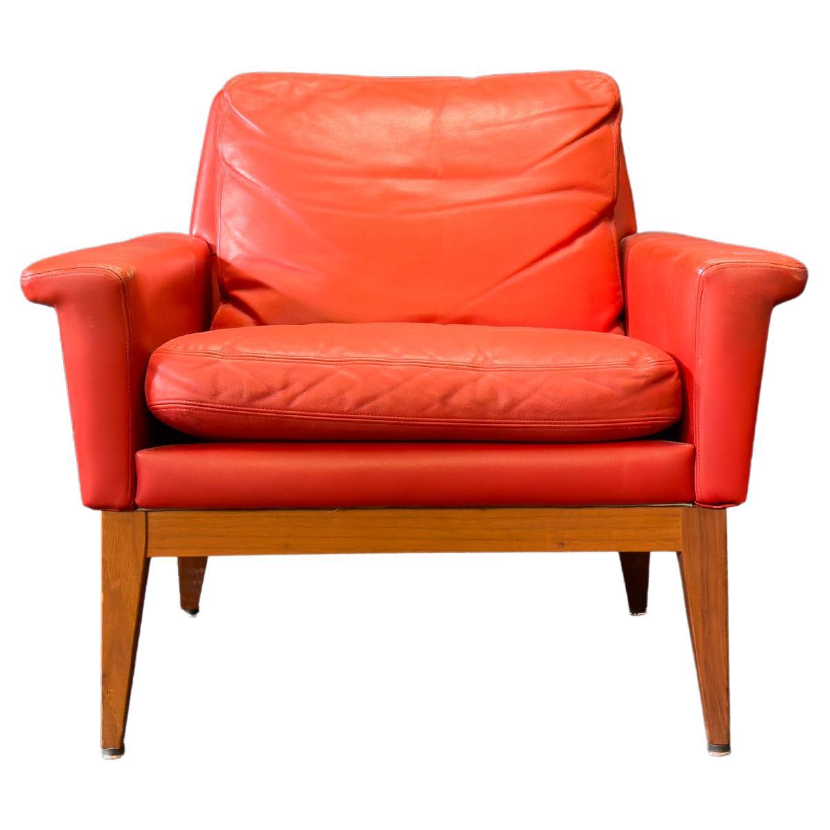 Teak and Red Leather Armchair