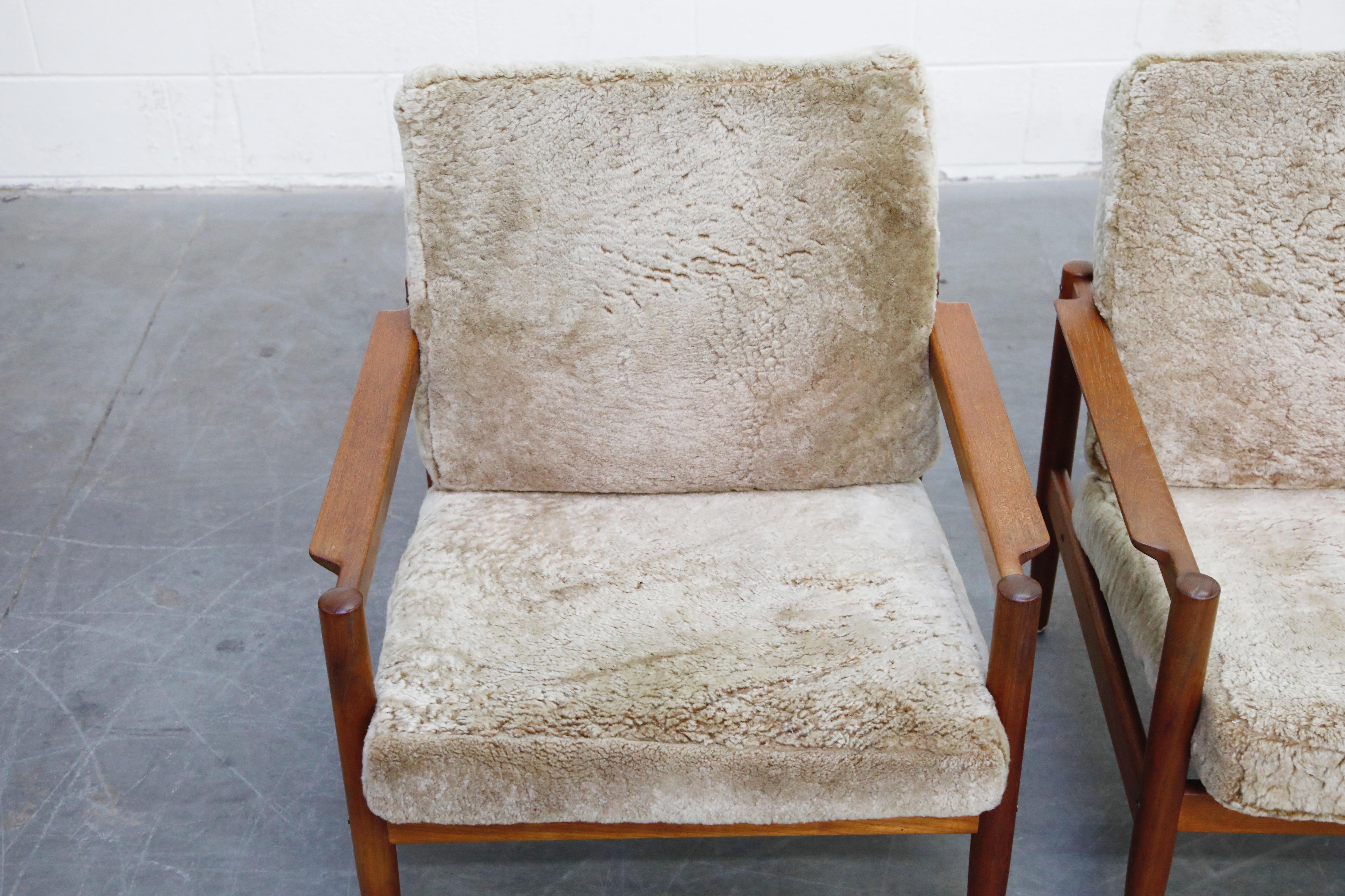 Teak and Shearling Fur Lounge Chairs by Børge Jensen & Sønner, 1960s, Signed 9