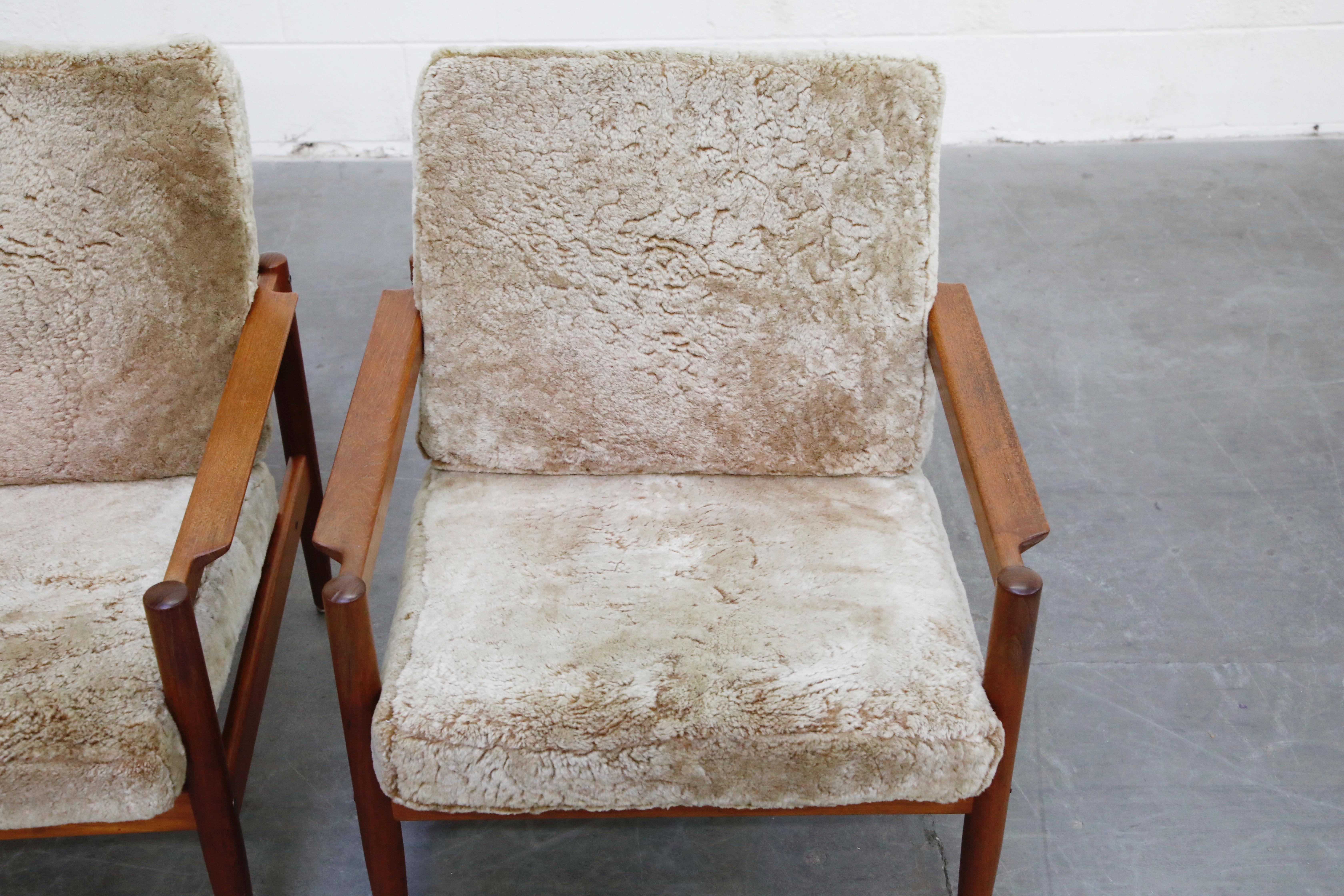 Teak and Shearling Fur Lounge Chairs by Børge Jensen & Sønner, 1960s, Signed 10