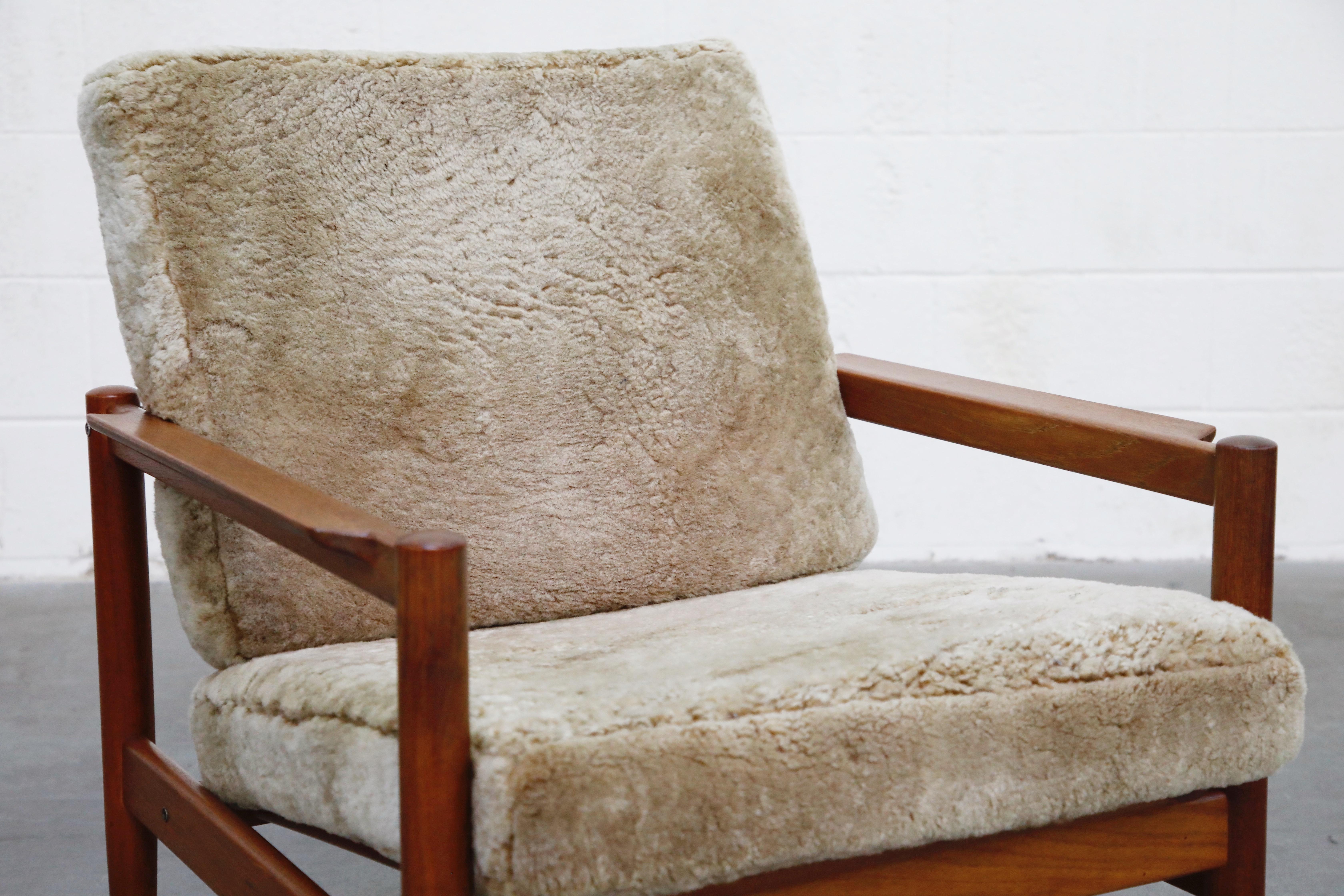 Teak and Shearling Fur Lounge Chairs by Børge Jensen & Sønner, 1960s, Signed 11
