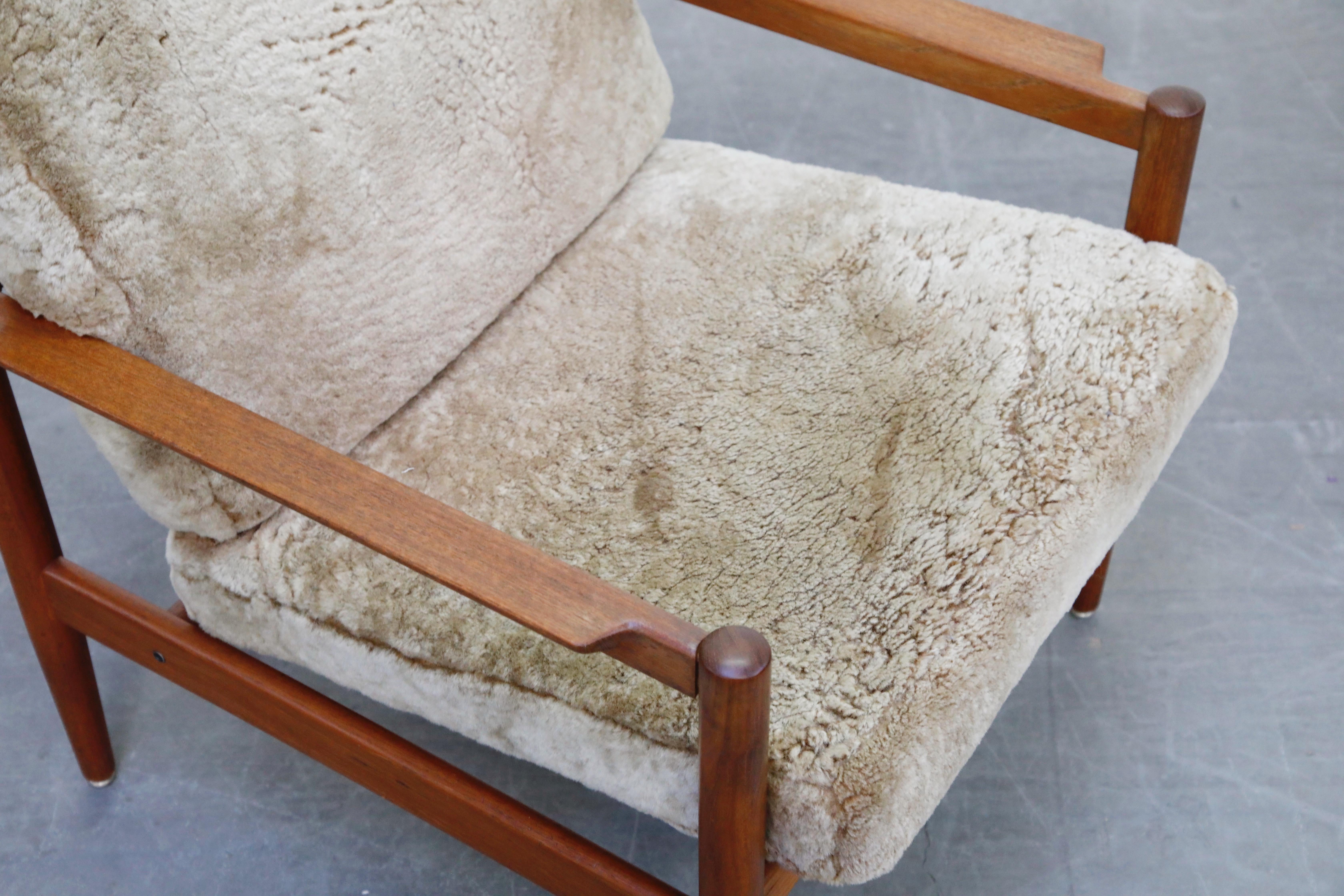 Teak and Shearling Fur Lounge Chairs by Børge Jensen & Sønner, 1960s, Signed 12