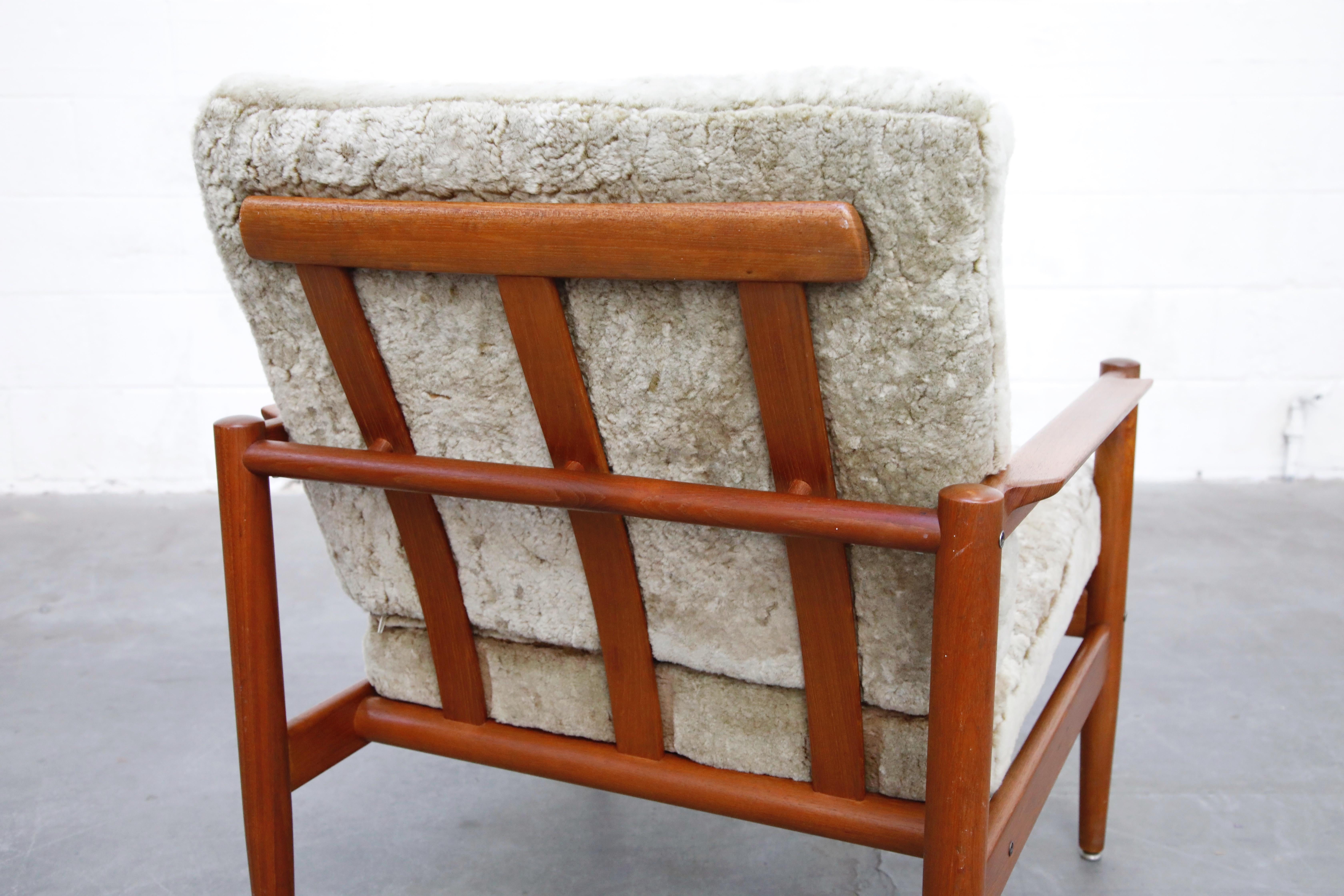 Teak and Shearling Fur Lounge Chairs by Børge Jensen & Sønner, 1960s, Signed 14