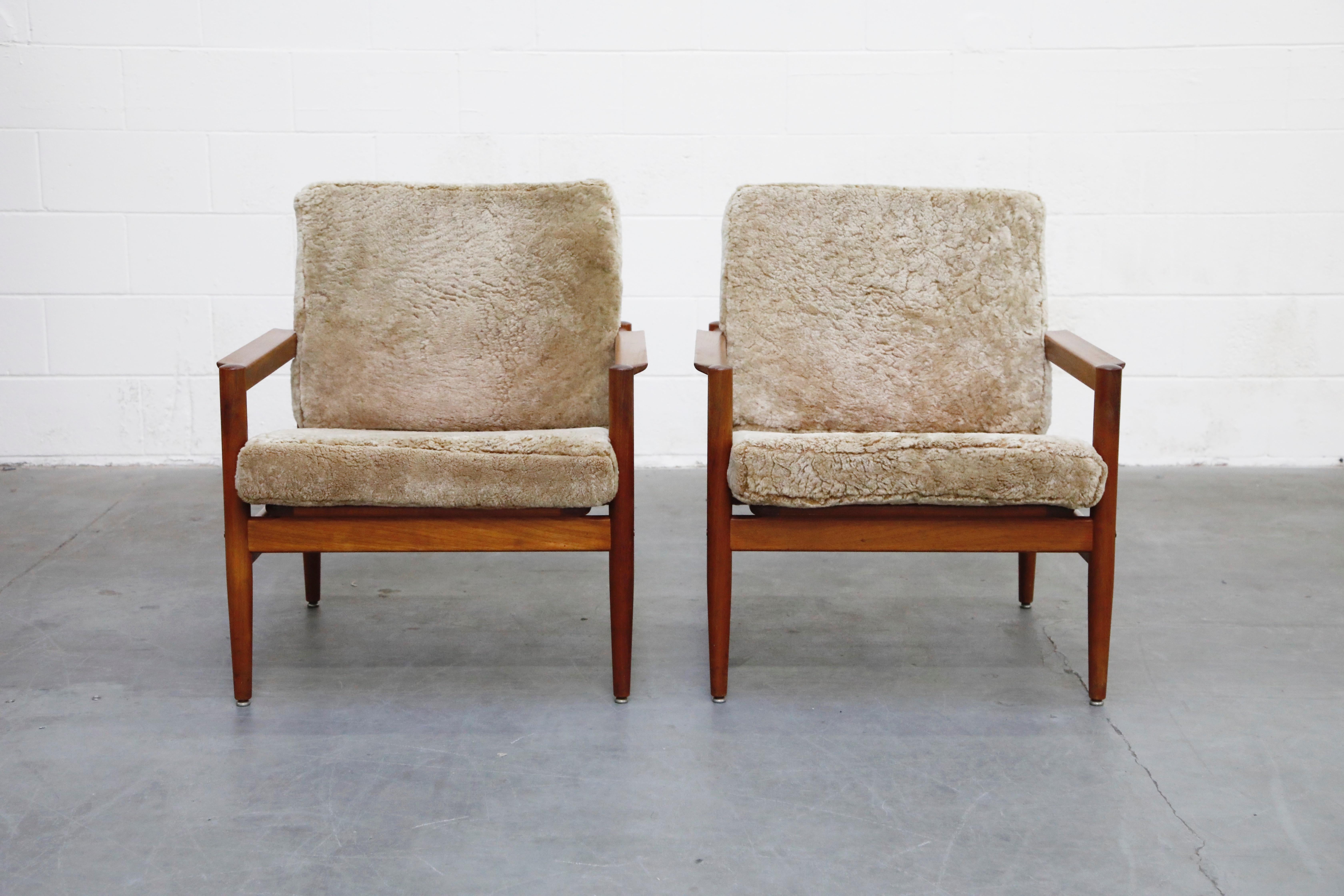 Mid-Century Modern Teak and Shearling Fur Lounge Chairs by Børge Jensen & Sønner, 1960s, Signed
