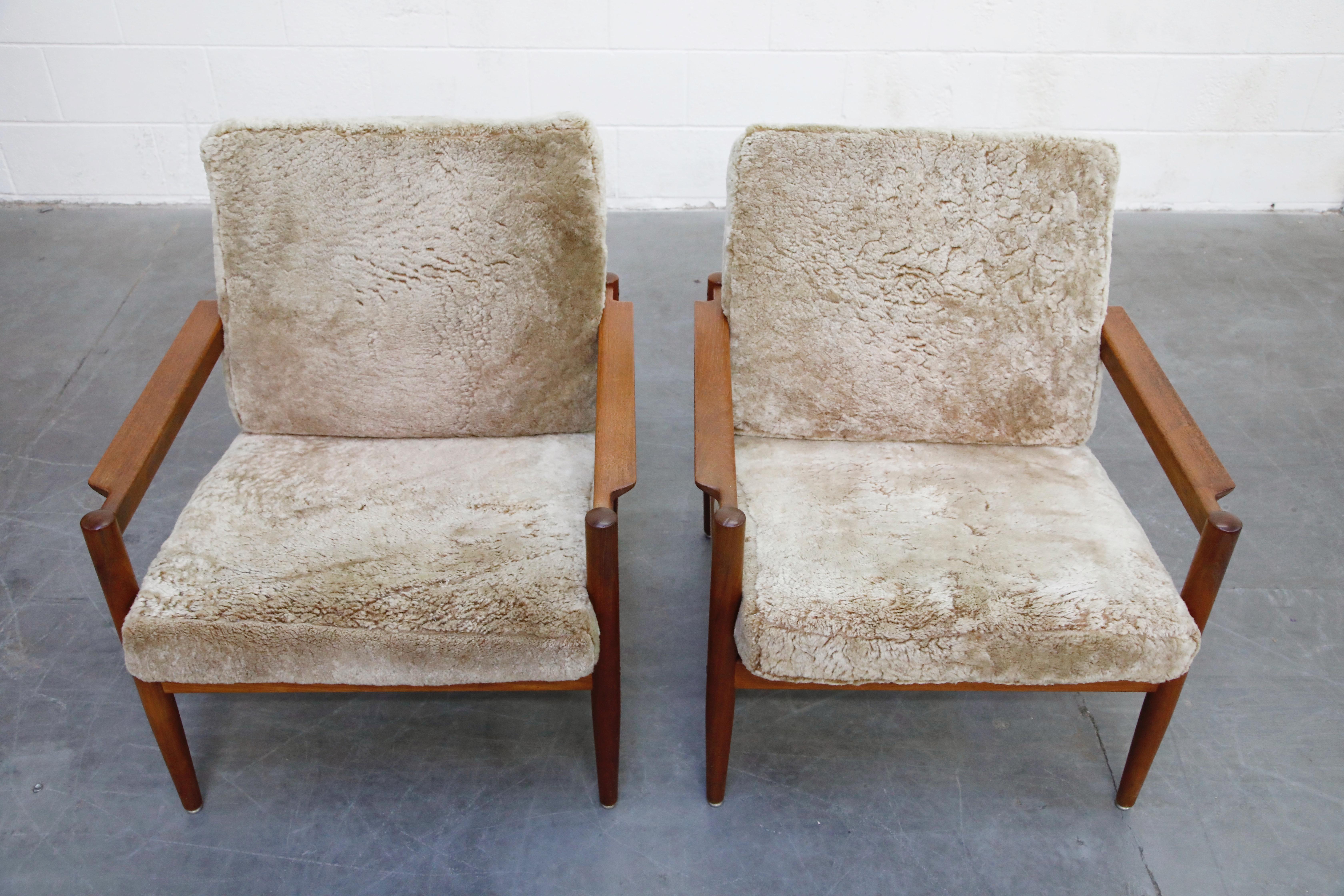 Teak and Shearling Fur Lounge Chairs by Børge Jensen & Sønner, 1960s, Signed In Good Condition In Los Angeles, CA