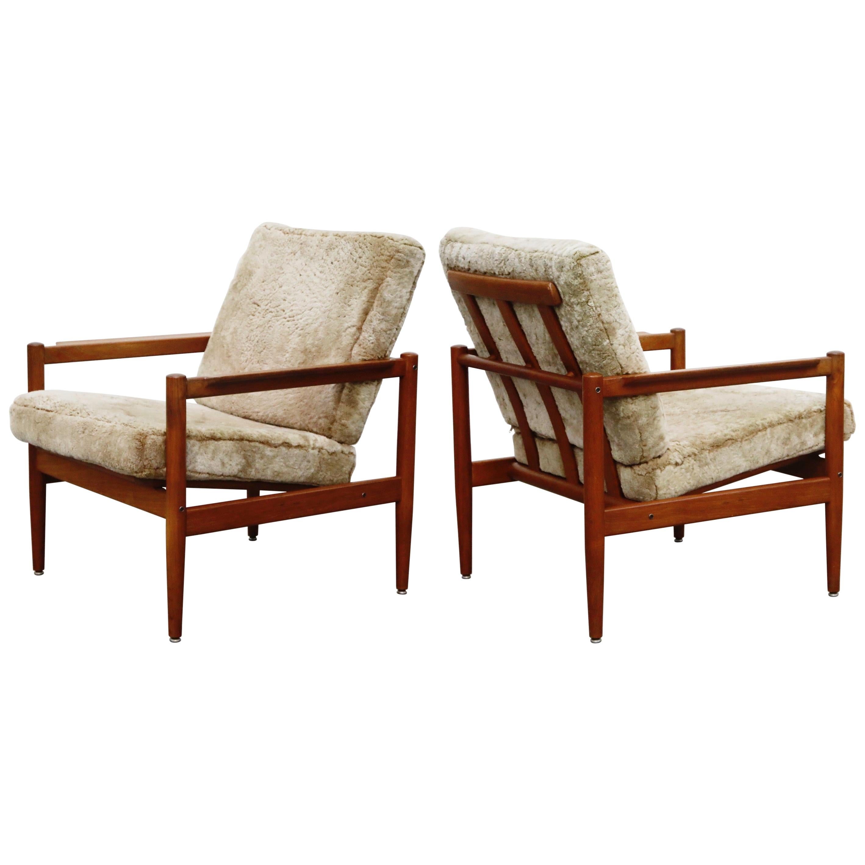 Teak and Shearling Fur Lounge Chairs by Børge Jensen & Sønner, 1960s, Signed