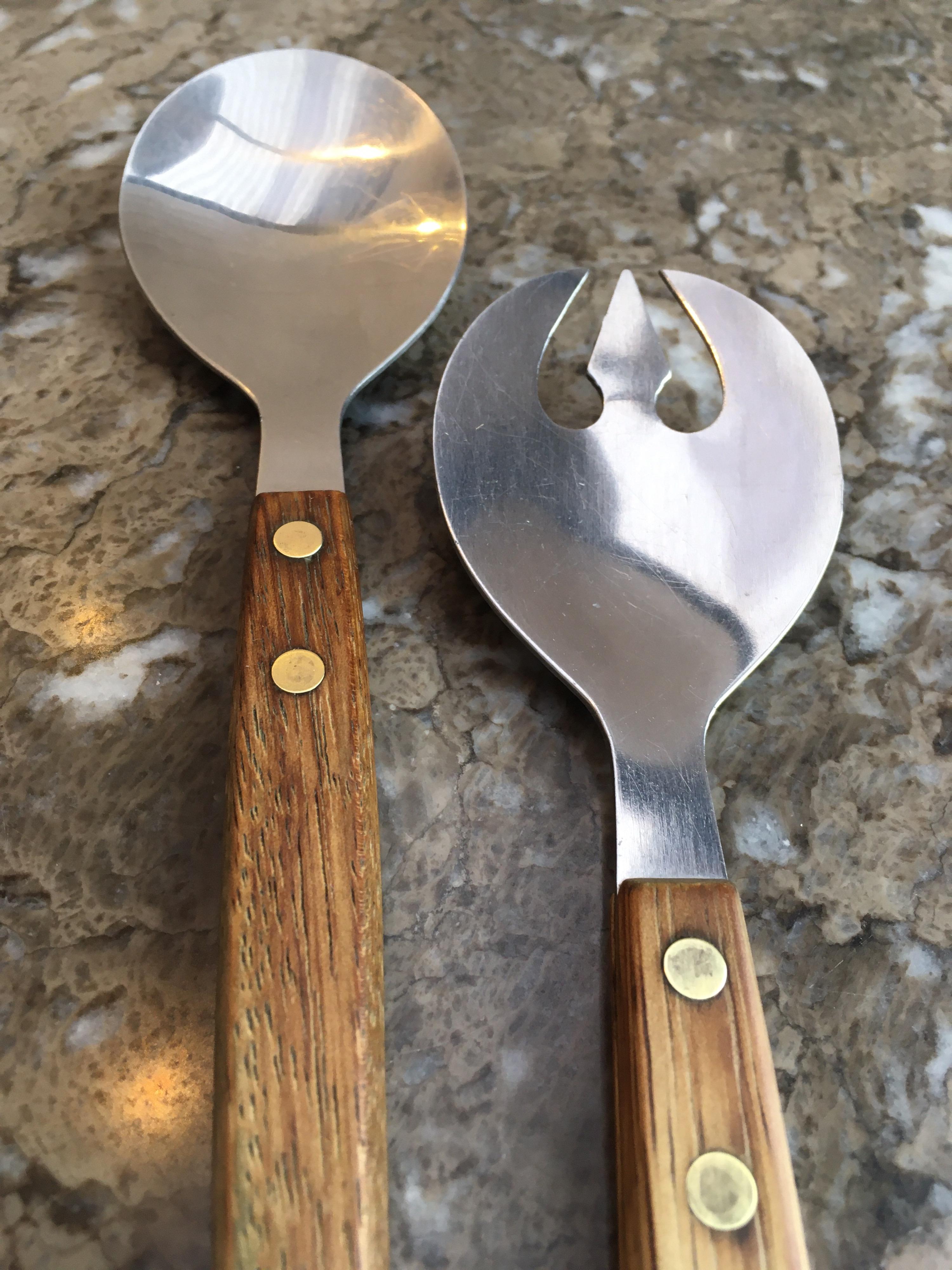 Late 20th Century Teak and Stainless Steel Salad Servers in Trident Shape, 1970s