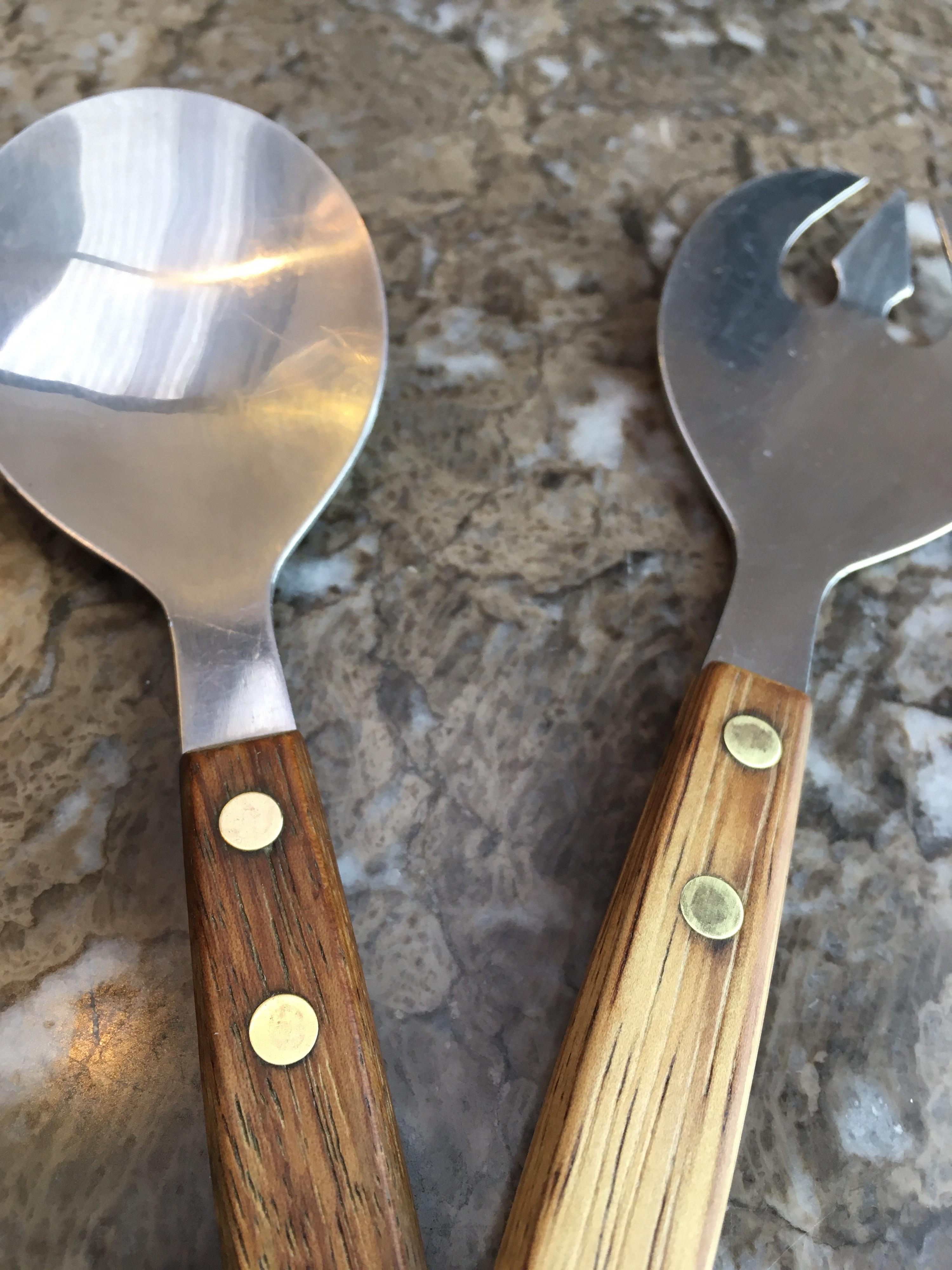 Teak and Stainless Steel Salad Servers in Trident Shape, 1970s 2