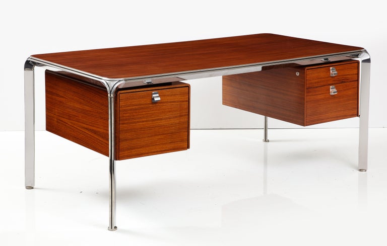 French Teak and Steel Executive Desk by Pierre Paulin, France, C. 1975 For Sale