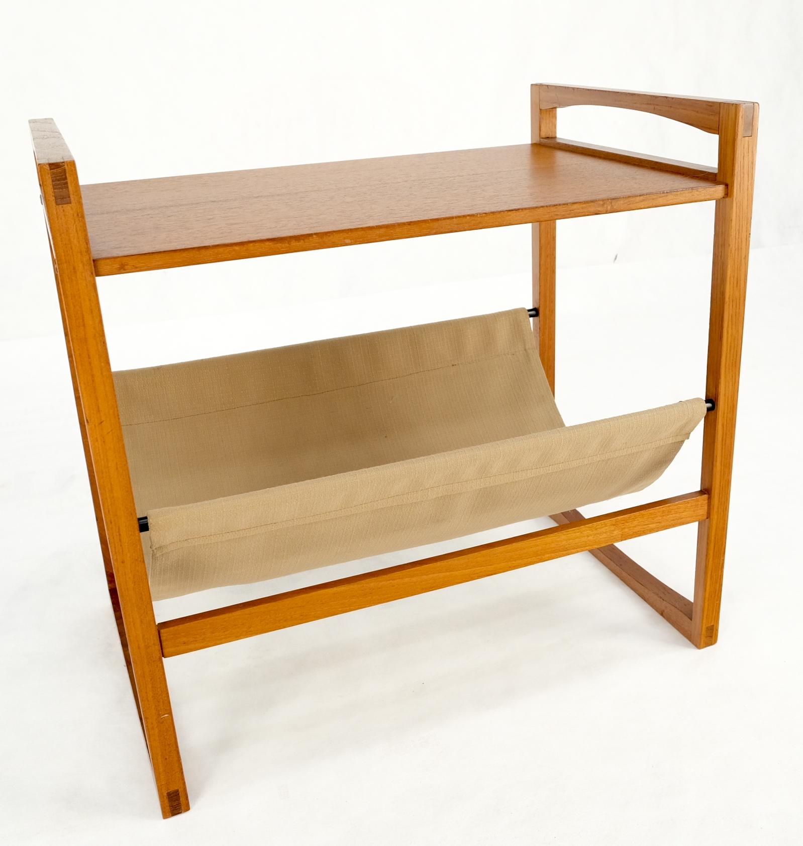Teak And Suede Sling Shelf Mid-Century Modern End Table Stand Magazine Rack For Sale 4