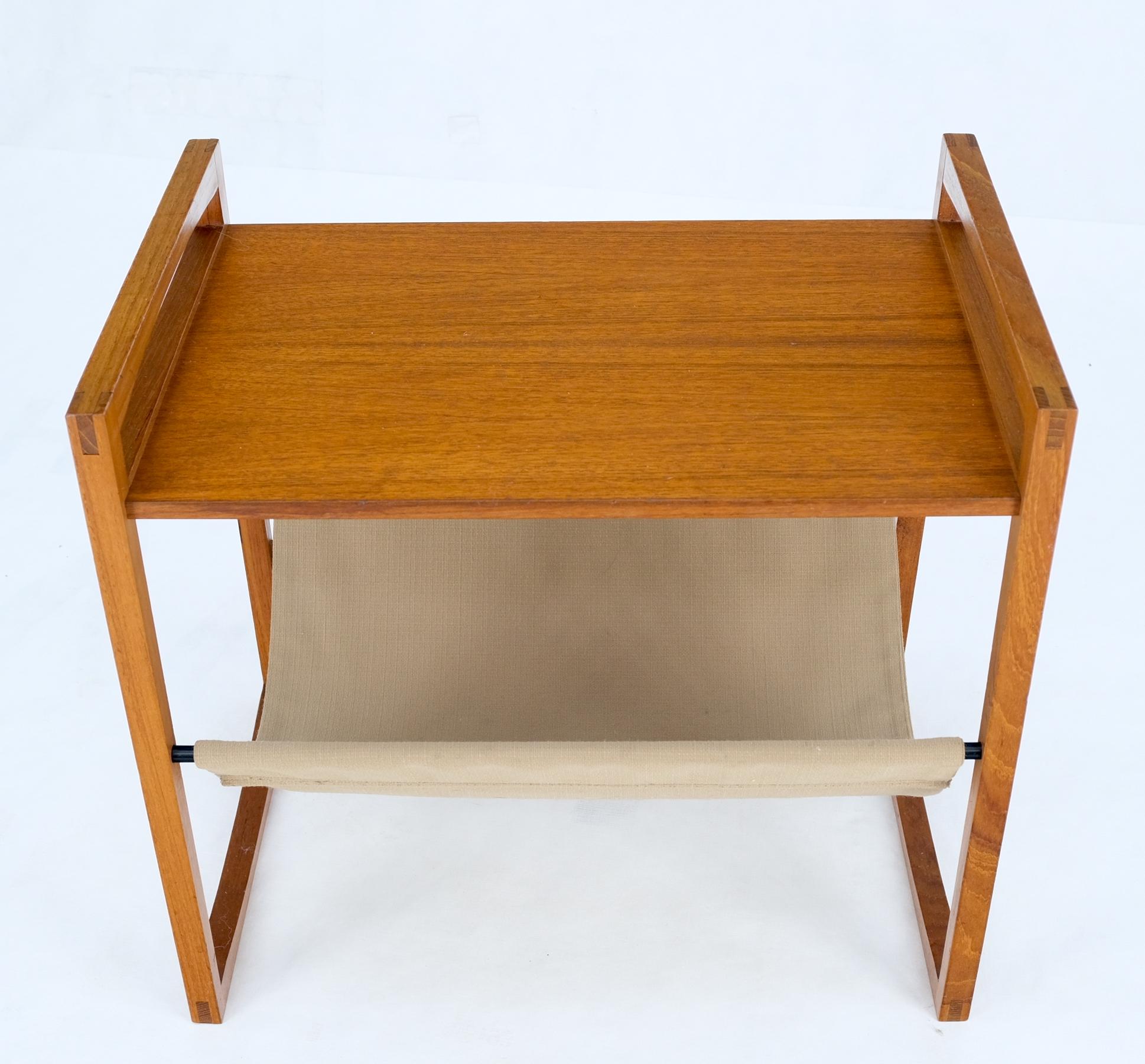 Teak And Suede Sling Shelf Mid-Century Modern End Table Stand Magazine Rack For Sale 1