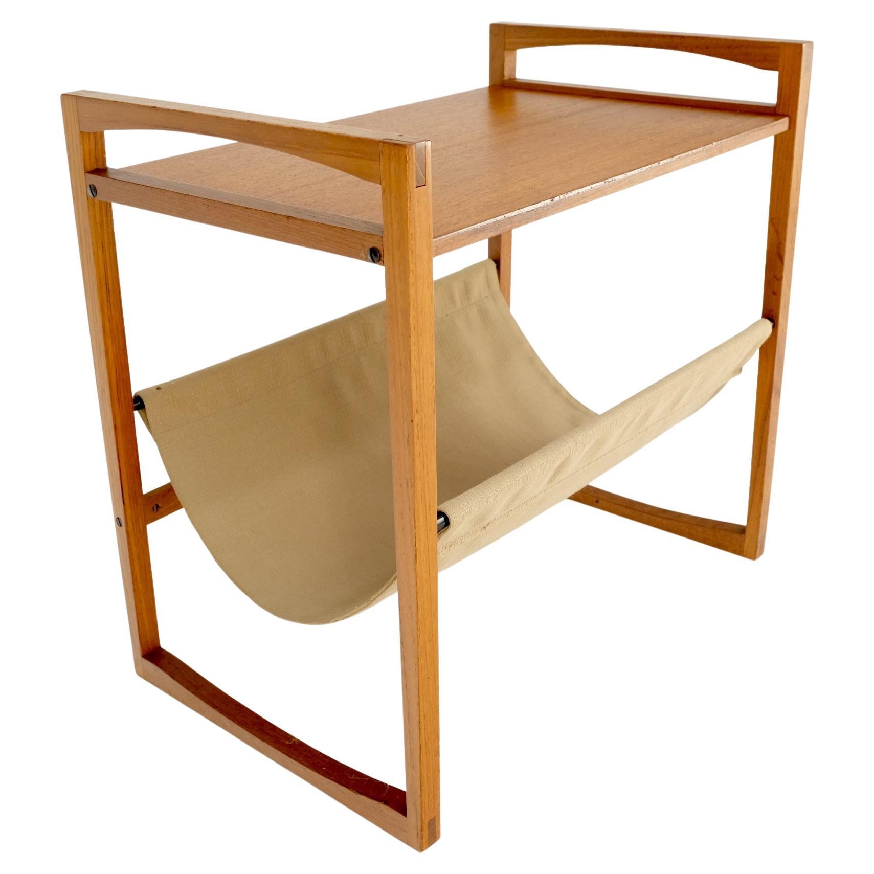 Teak And Suede Sling Shelf Mid-Century Modern End Table Stand Magazine Rack For Sale