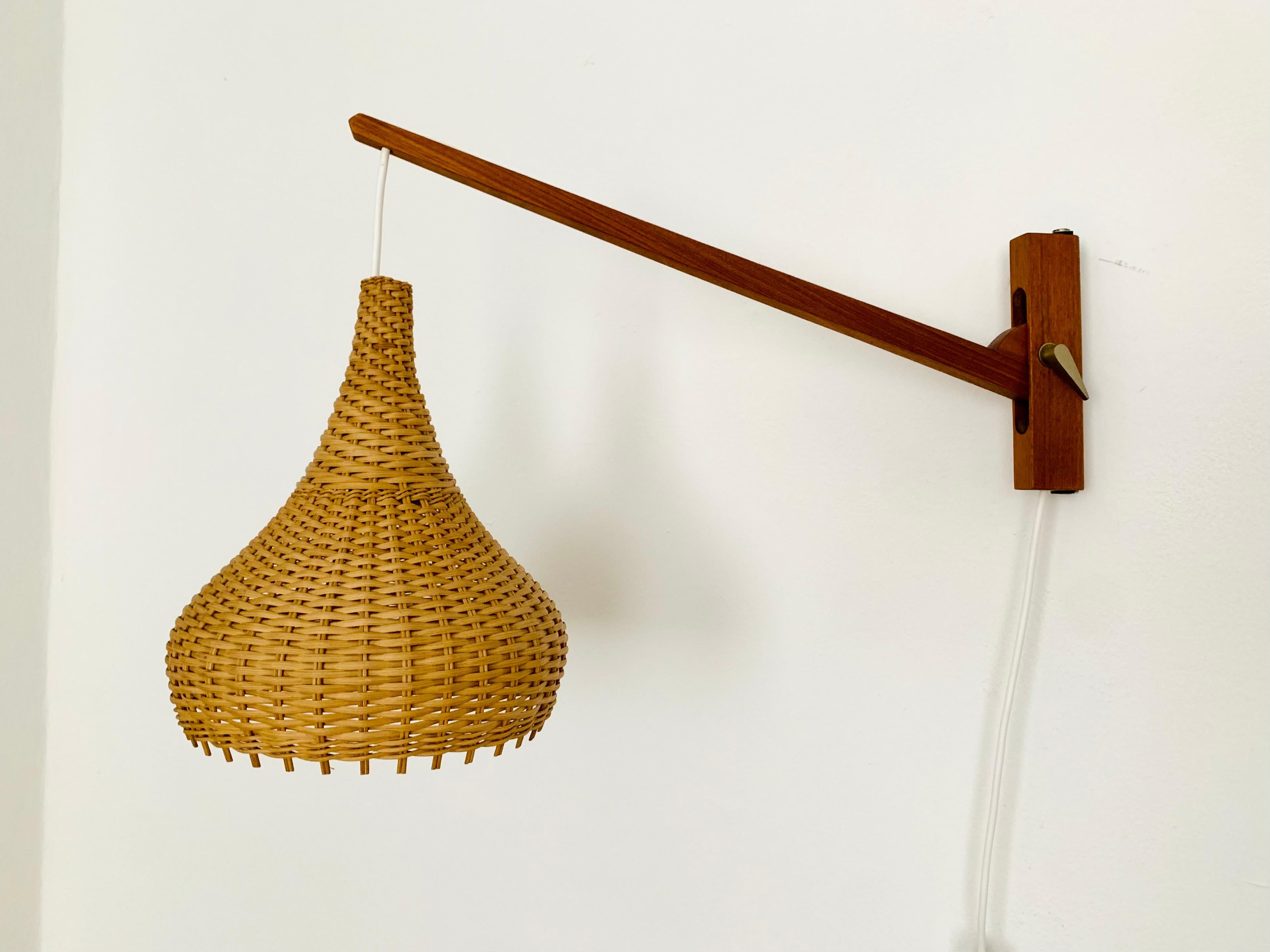 Mid-Century Modern Teak and Wicker Wall Lamp For Sale