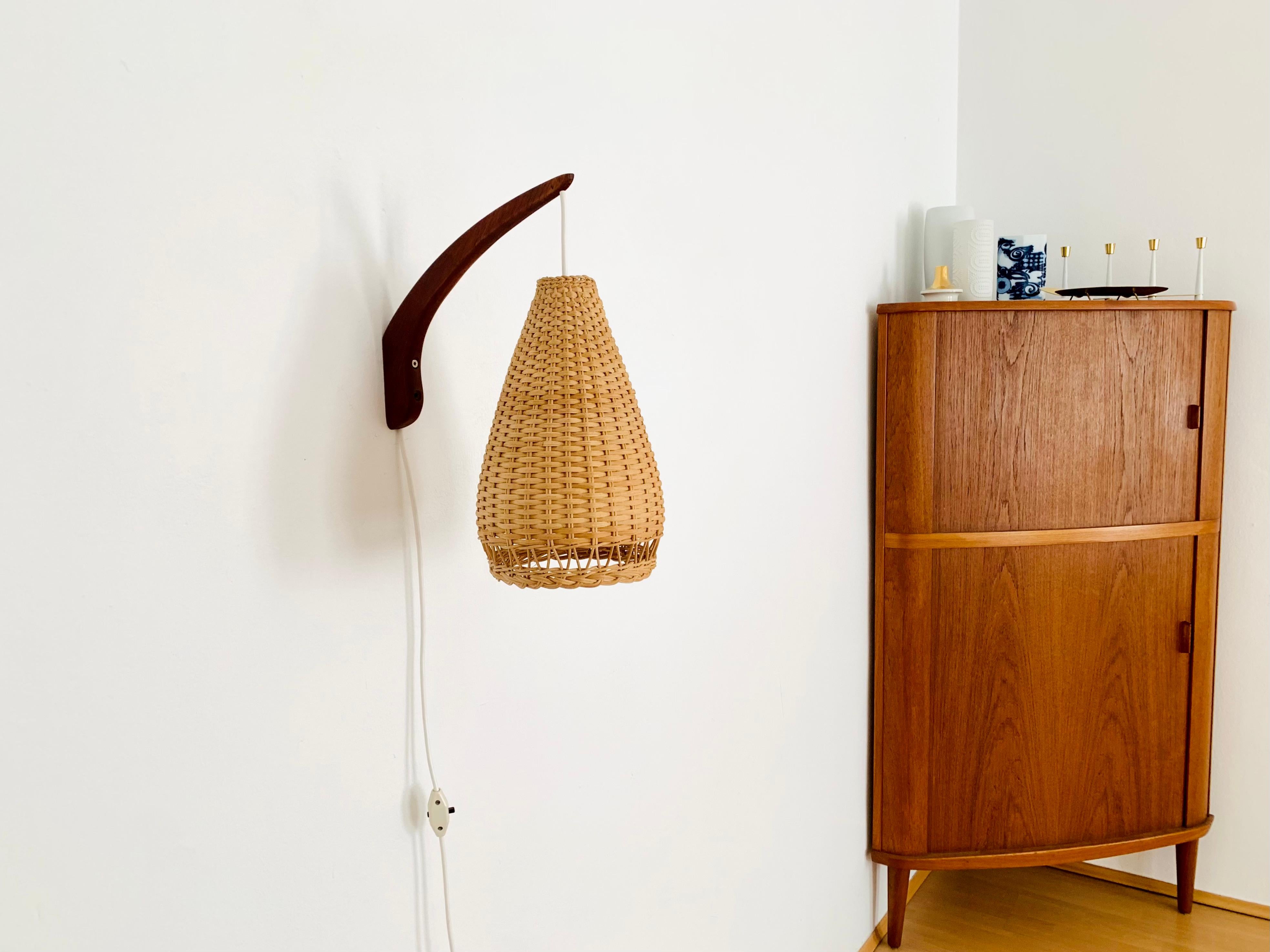 German Teak and Wicker Wall Lamp For Sale