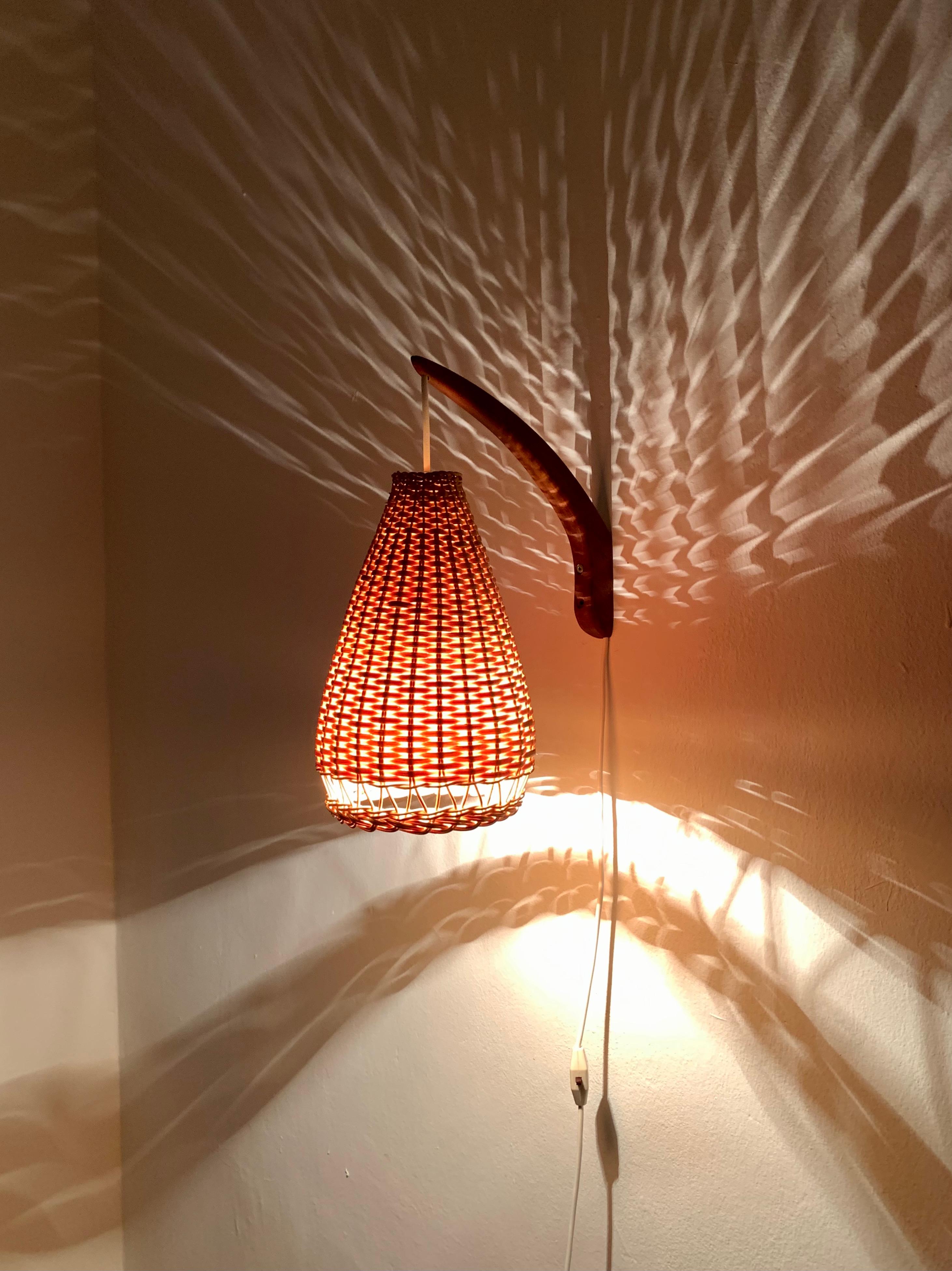 Teak and Wicker Wall Lamp For Sale 2