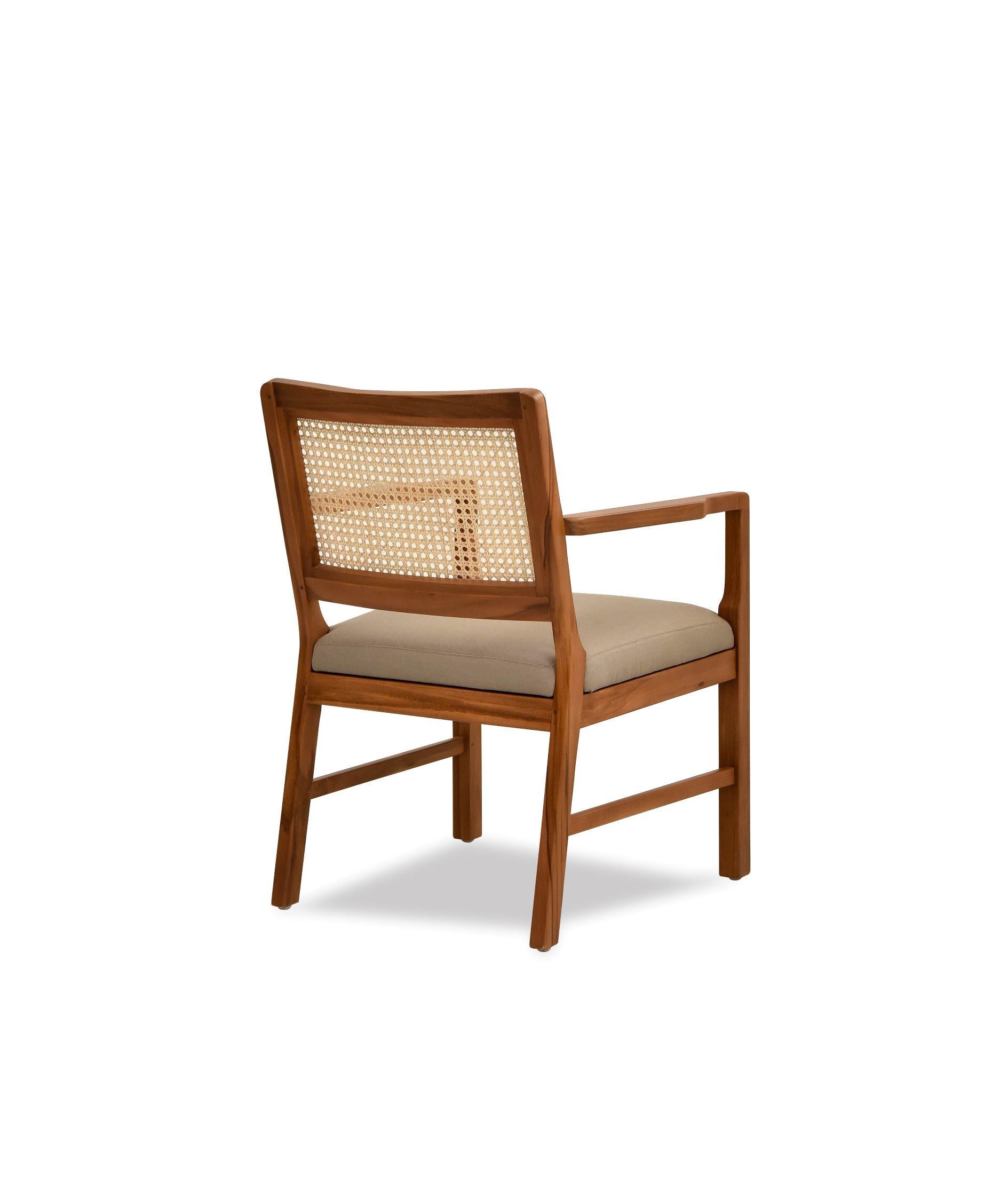 Contemporary Teak Armchair with Woven Cane Back For Sale